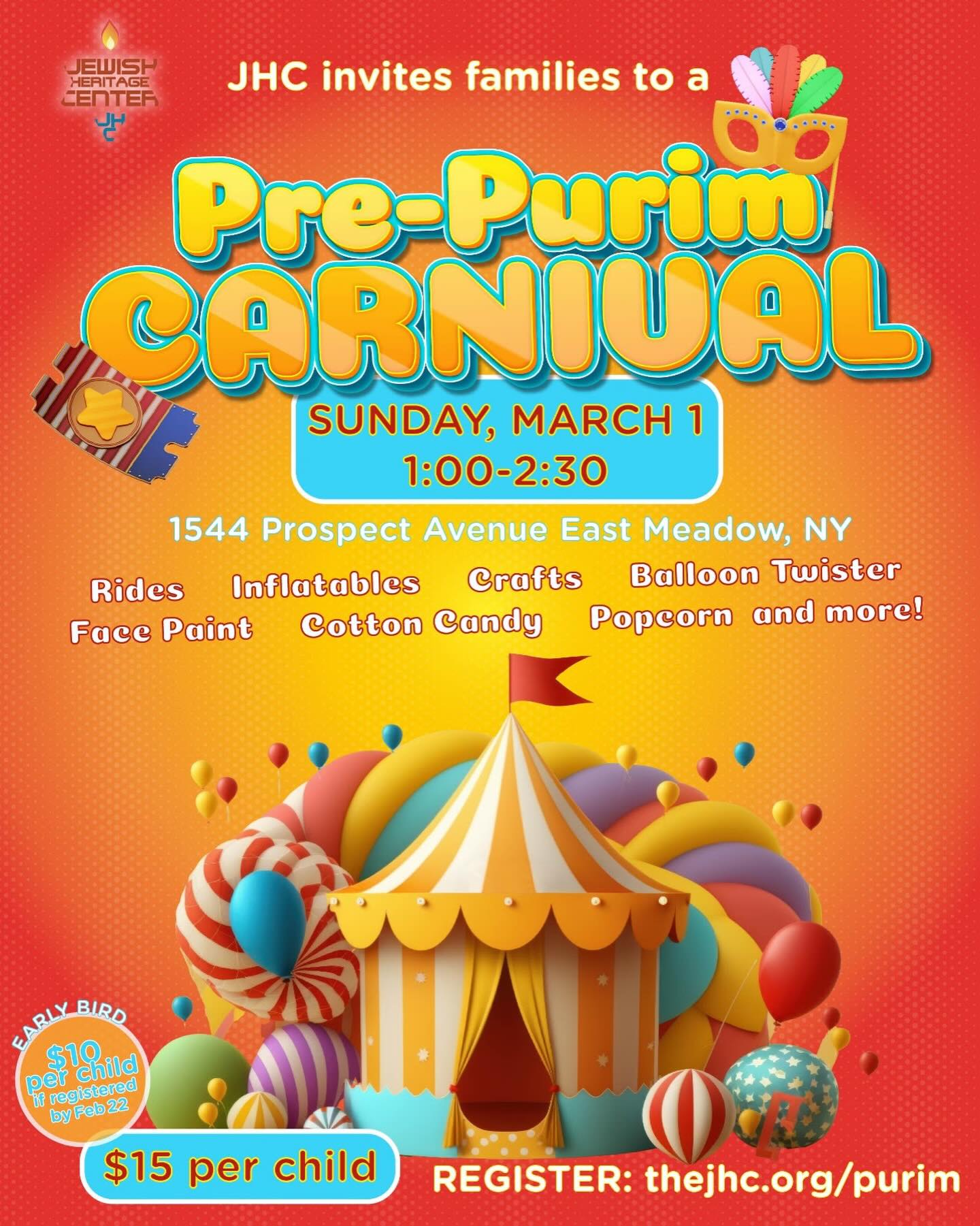 Join us at the ultimate Pre-Purim Carnival!
Enjoy rides, inflatables, and more.
Grab the early bird special before February 22.
Sign up here: https://www.thejhc.org/purim