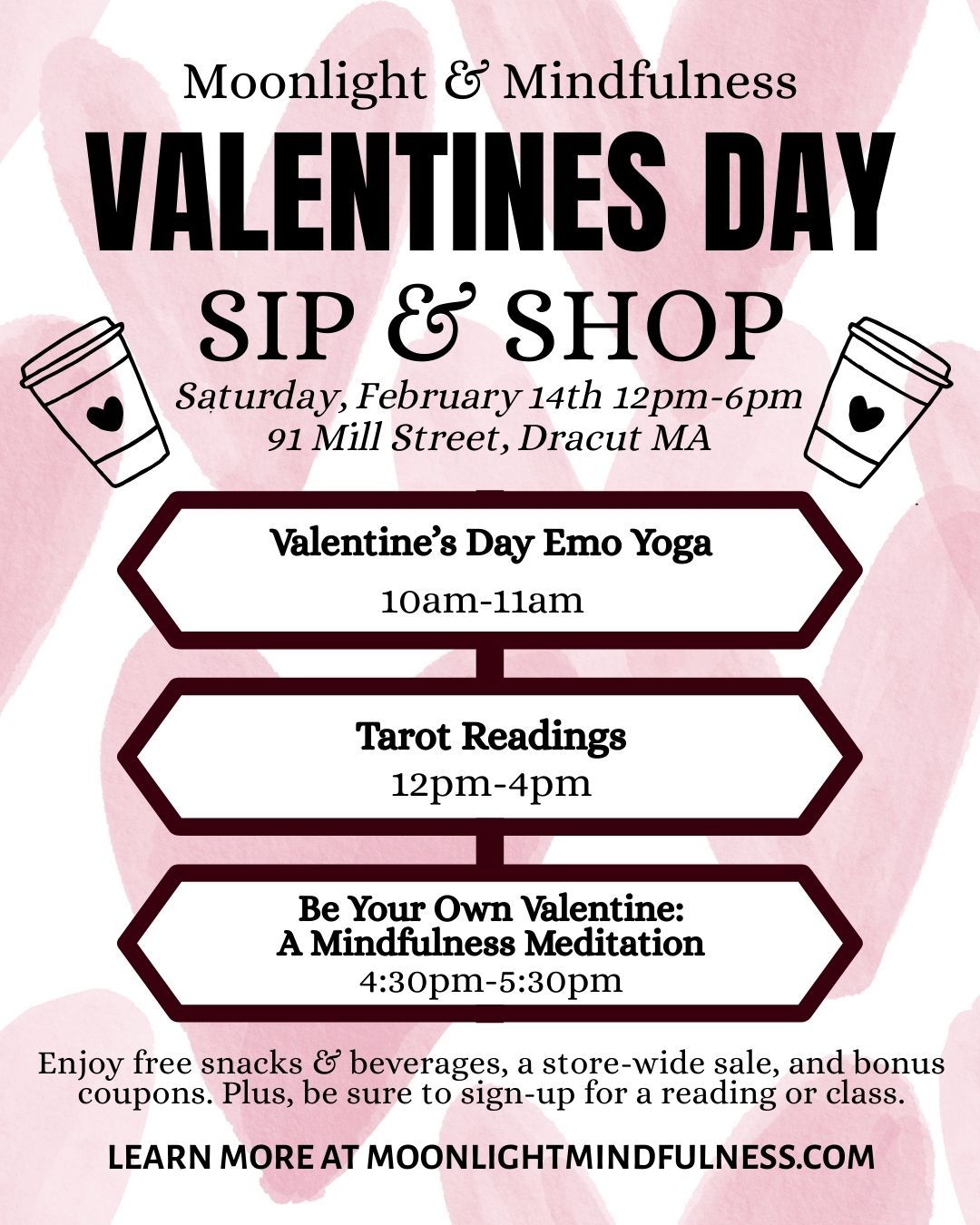 🌹 Visit us on Valentine's Day for a special Sip & Shop Sales Event! Enjoy exclusive store-wide discounts and bonus coupons, plus free snacks and beverages so you can shop, sip, and treat yourself! 🌹
❤️ We have quite a few fun happenings in our shop during this event too, like Emo Yoga, Tarot Readings, and a Be Your Own Valentine Mindfulness Meditation. You can learn more and sign-up for any of these at moonlightmindfulness.com
🌹 We hope to see you on a day for self-love and self-care! 🌹
#valentinesday #sipandshop #crystalshop #valloween #selflove
