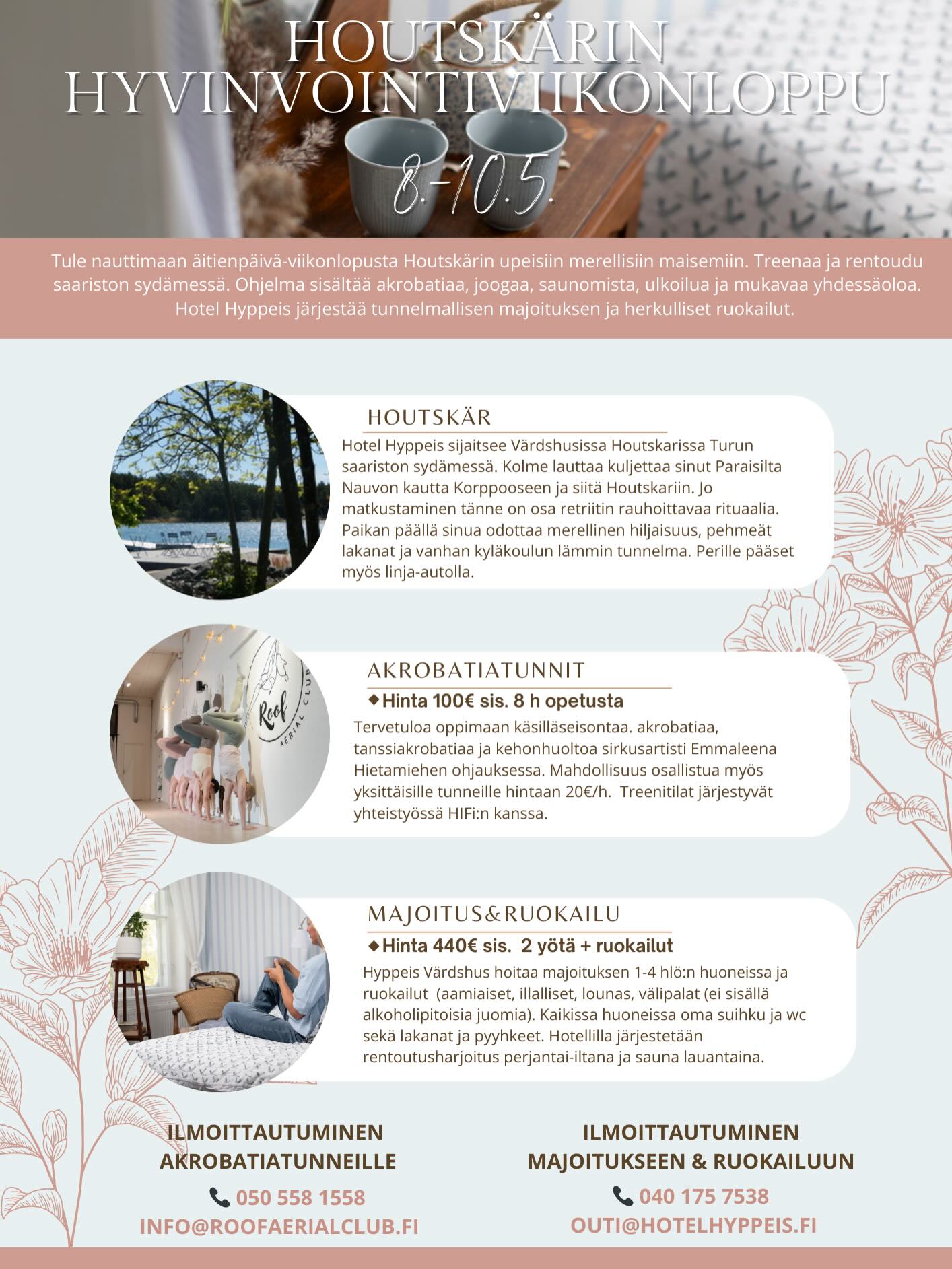 Roof Aerial Club on mukana järjestämässä ihanaa hyvinvointiviikonloppua 8.-10.5. Turun saaristossa Houtskärissa. 🩵
Tule nauttimaan äitienpäivä-viikonlopusta upeissa merellisissä maisemissa treenaten ja rentoutuen. Ohjelma sisältää akrobatiaa, joogaa, saunomista, ulkoilua ja mukavaa yhdessäoloa. Hotel Hyppeis järjestää tunnelmallisen majoituksen ja herkulliset ruokailut.
🩵 Tervetuloa mukaan! 🩵
@hotelhyppeis #hotelhyppeis #roofaerialclub #hyvinvointiviikonloppu