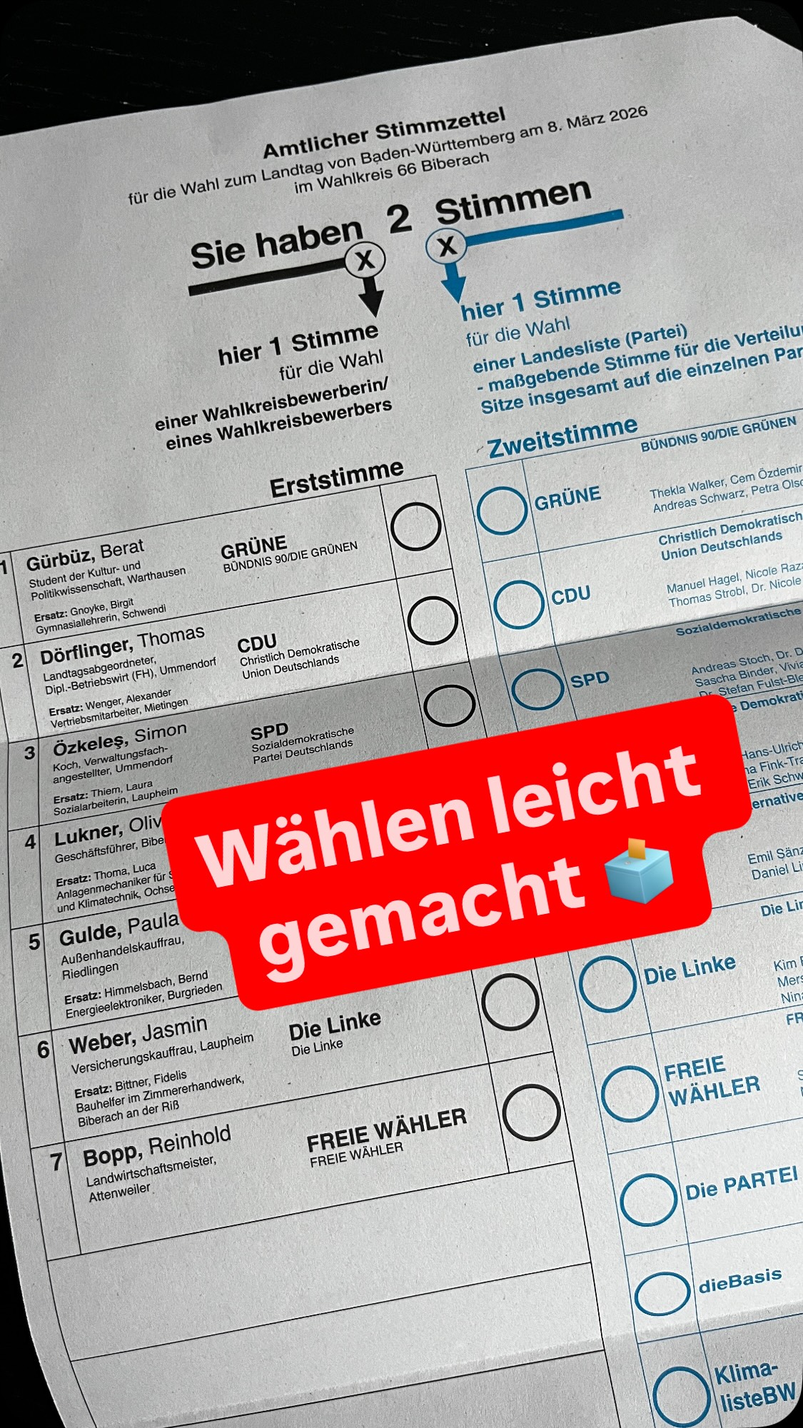 Wählen leicht gemacht 🗳️
Am 8. März ist Landtagswahl, schon jetzt kannst du mit Briefwahl 💌 wählen. Wie die ganze Wahl überhaupt funktioniert - erklär ich dir im Video 🎥
🤫 Kleiner Tipp für alle, die es einfach
haben möchten:
Erststimme: Simon Özkeles 🤓
Zweitstimme: SPD 🌹
Deine Wahl entscheidet 🫵🏼
Weil es um dich geht 🫶🏼
#MachaNeddSchwätza #LandkreisBiberach #LandtagswahlBW #SPD