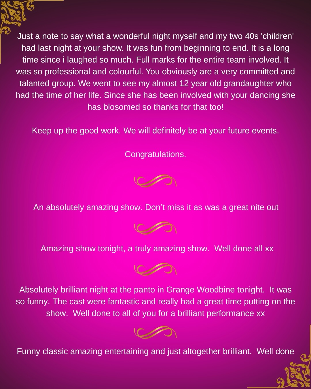 Just a handful of the many many messages we have received about Rapunzel panto ๐ธ
Thank you to our fabulous audiences ๐