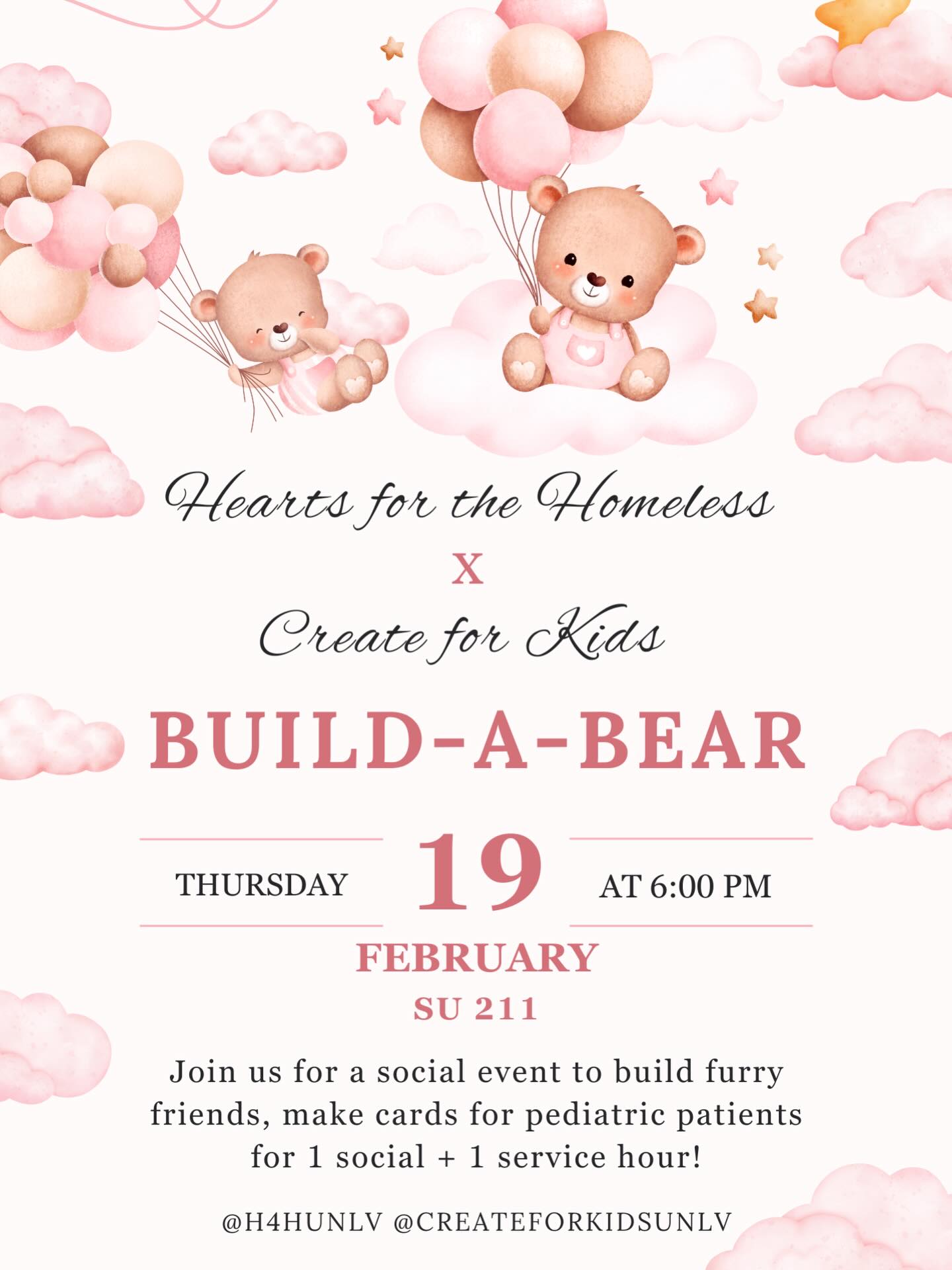 Hearts for the Homeless x Create for Kids are teaming up for a cozy night of creativity and kindness! Join us on February 19th at 6pm as we build adorable furry friends and make heartfelt cards for pediatric patients 💞 Earn 1 social hour + 1 service hour while spreading a little extra love and comfort 🧸
Seats (and bears!) are limited so don’t miss out! Can’t wait to see you there!
@createforkidsunlv