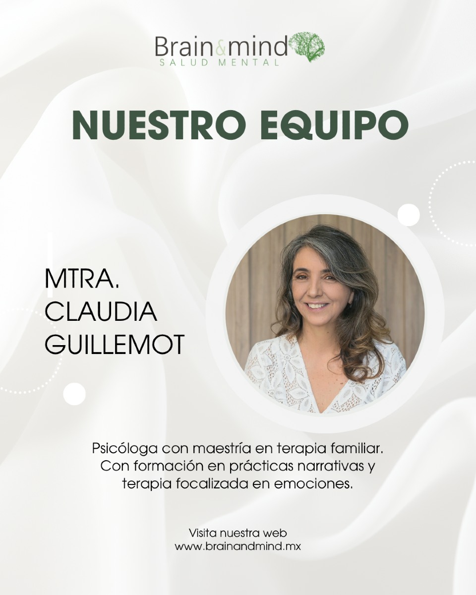 Brain & Mind ha reunido un gran equipo de profesionistas de la Salud Mental.
Te presentamos a la Mtra. Claudia Guillemot, Psicóloga con maestría en terapia familiar. Con formación en prácticas narrativas y terapia focalizada en emociones.
Citas: 998-168-9095 (se apreciará mandar primero Whatsapp)
Correo: claudia@curzandolimites.com
#brainandmind #saludmental