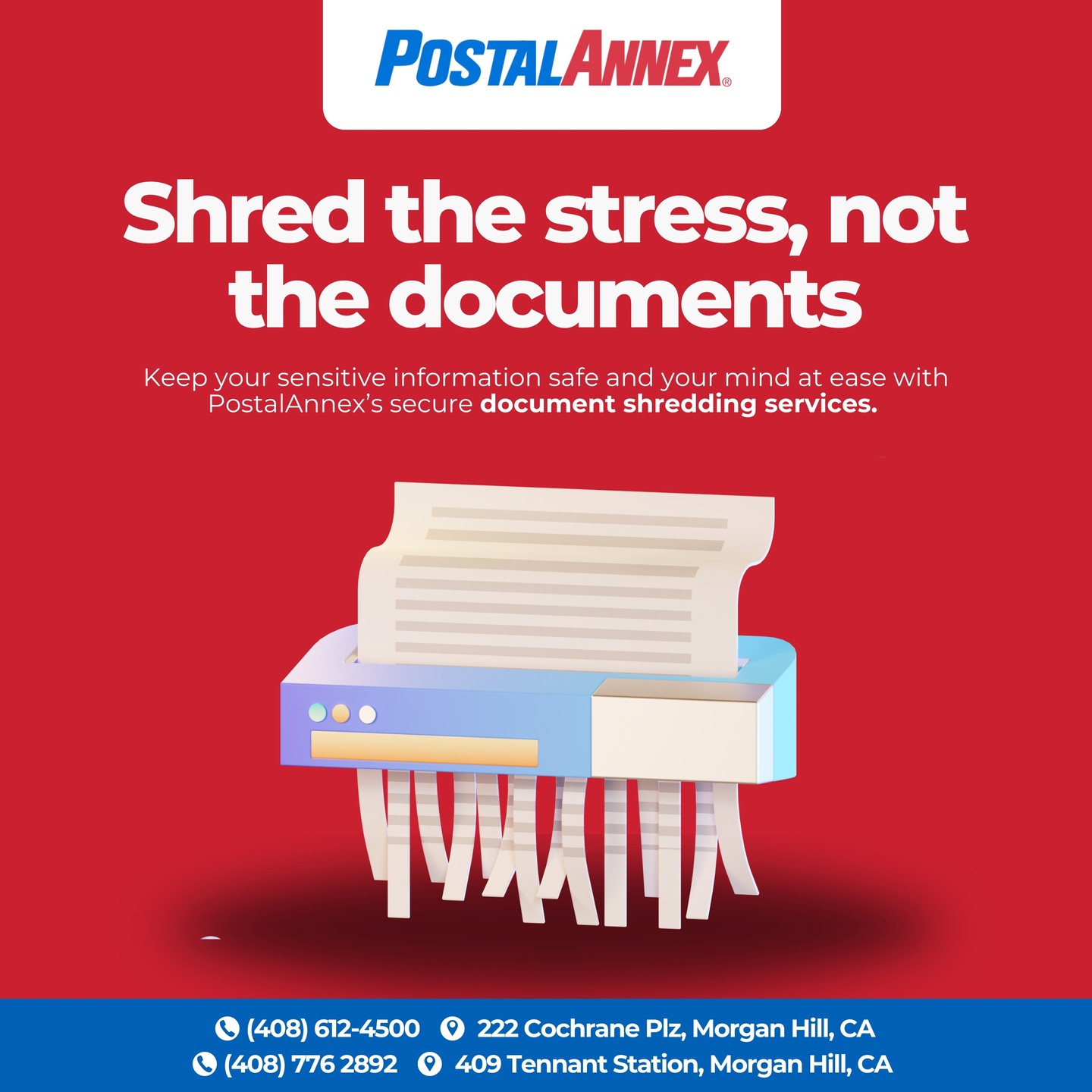 Say goodbye to clutter and hello to security! 🗑️📄
Keep your personal and business information safe with PostalAnnex's secure document shredding services. We handle everything from old files to confidential paperwork, ensuring they're destroyed beyond recovery.
Say goodbye to identity theft risks and hello to peace of mind! 🔒
#SecureShredding #PrivacyProtection #PostalAnnex