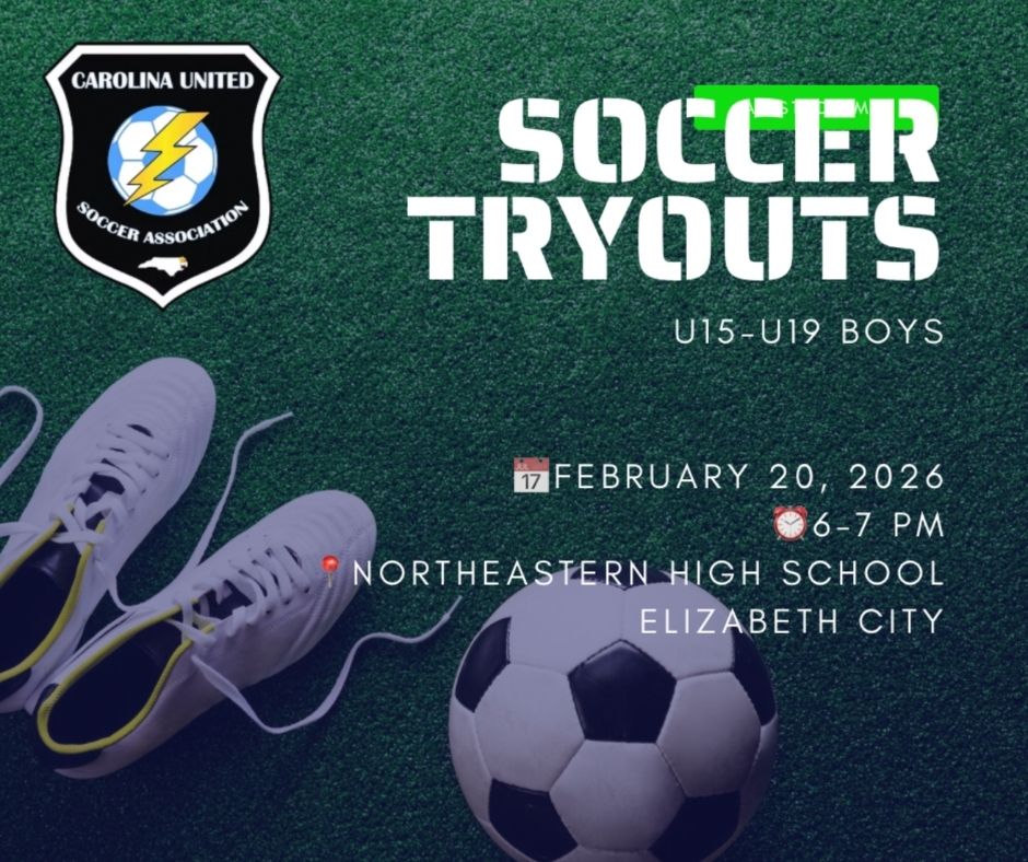 ⚽ Carolina United U15 -U19 Boys Tryouts ⚽
Carolina United’s U15-U19 boys team is looking to add a few more dedicated players to our roster! We will be holding tryouts on February 20th from 6:00 to 7:00 PM at Northeastern High School, Elizabeth City.
Why choose Carolina United?
⚡Home games played right here in Elizabeth City — less travel, more family time
⚡ High-level coaching focused on player development, skill growth, and confidence
⚡ A competitive, supportive environment that helps players reach their full potential on and off the field
If your player is passionate about soccer and ready to grow in a positive, competitive program, we would love to see them at tryouts!
carolinaunitedsoccer.com