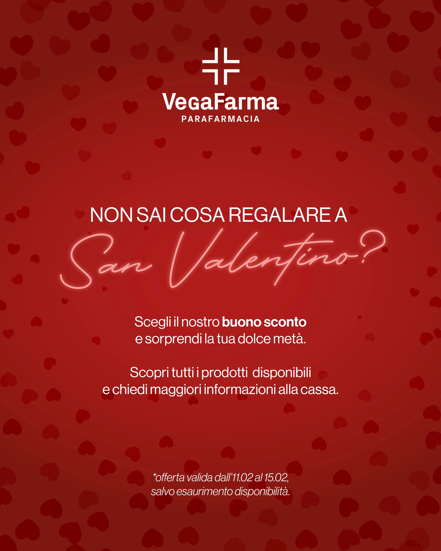 💐San Valentino si avvicina…e il regalo perfetto ti aspetta da Vega Farma al Medì+
Scegli il tuo buono sconto, scopri i prodotti disponibili e sorprendi la tua metà.❤️
Passa in Parafarmacia per maggiori informazioni.
⏳Offerta valida fino al 15 febbraio.
#centrocommercialemedì #vegafarma #parafarmacia #sanvalentino