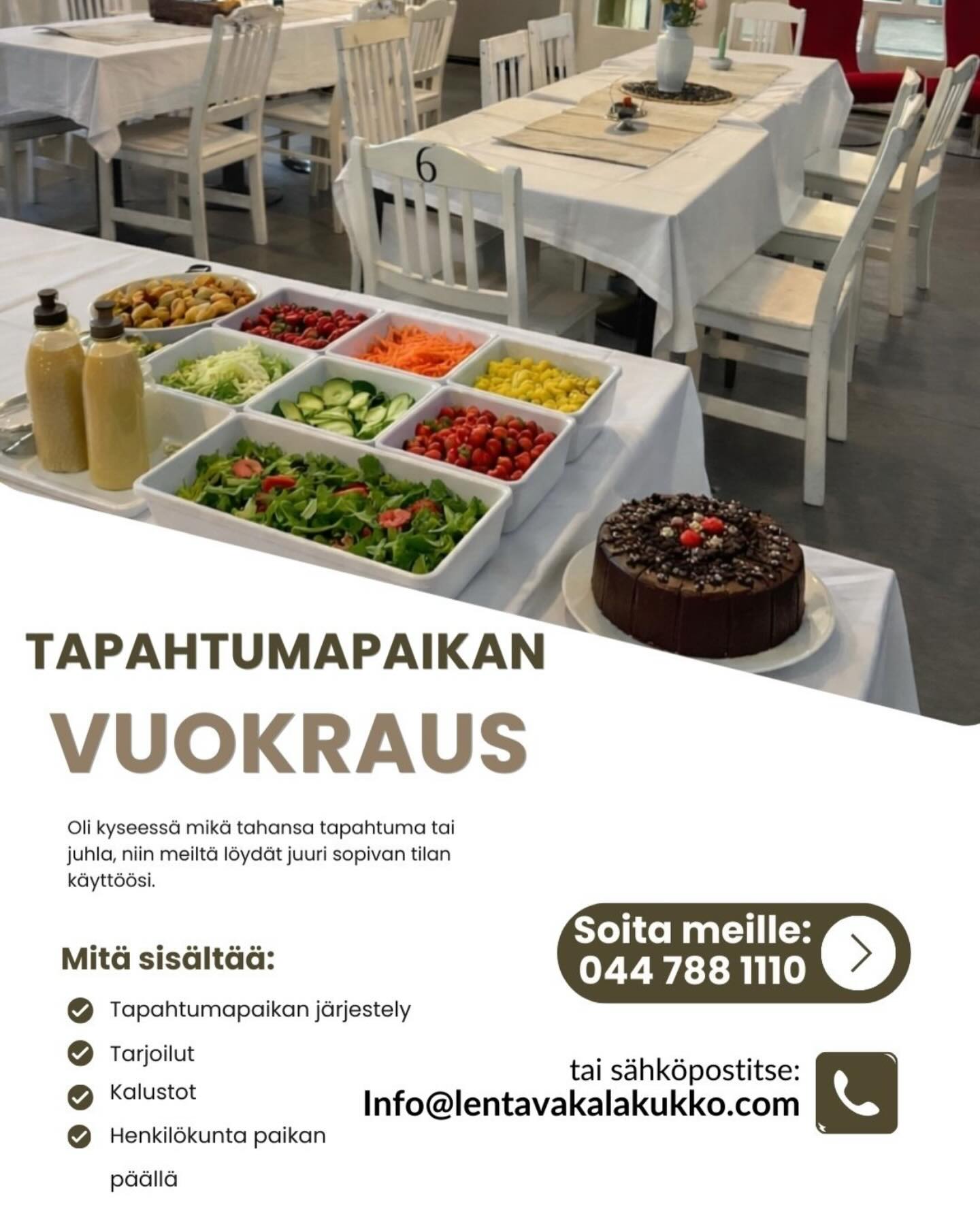 Etsitkö viihtyisää tapahtumatilaa?
Meillä onnistuu! 💛
Olipa kyseessä syntymäpäivät, yritystilaisuus, juhlat tai yksityinen tapahtuma ~~ autamme sinua luomaan unohtumattoman hetken.
📞 Soita ja kysy lisää: 044 788 1110
📧 Sähköposti: info@lentavakalakukko.com
Tervetuloa suunnittelemaan kanssamme! 😊