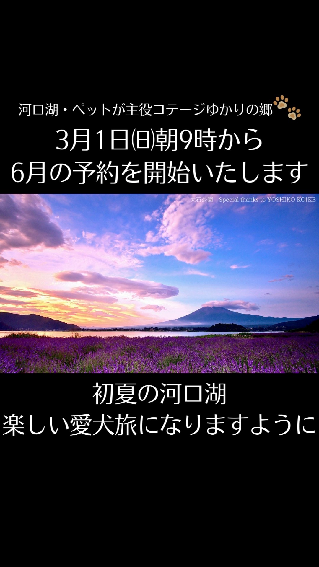 🗻
河口湖・ペットが主役コテージゆかりの郷
◆予約開始のお知らせ◆
【宿泊日】
2026年6月1日-6月30日
【販売開始】
2026年3月1日午前9時頃~
・公式サイト全プラン
・じゃらん連泊プラン
※キャンセル待ち対応はございません。
📍観光など
◆河口湖ハーブフェスティバル/大石公園・八木崎公園でラベンダー&紫陽花が見頃
◆大石公園で高さ3mの花のナイアガラ(ベゴニア)6月後半予定
◆山中湖花の都公園でネモフィラ、かすみ草、矢車菊、キカラシ、花菱草、ポピーなどが見頃💐
◆南アルプス市、山梨市、韮崎市などでわんこと一緒にさくらんぼ狩り🍒
◆河口湖、山中湖、西湖、本栖湖などでSUP、カヌーなどアクティビティが楽しめます🛶
ペットが主役コテージゆかりの郷
⚠愛犬同伴者専用のわんこファーストコテージです。愛犬と一緒の方だけが宿泊できます。
📍山梨県富士河口湖町河口
🏠平屋・2階建ての全2棟
🗻全室富士山ビュー
🐶大きさ頭数問わず無料
🛏添い寝OK!室内フリー
🐾プライベートドッグラン付き
🕛12時チェックアウト
🧺手ぶらでお越しいただけるようにアメニティ&備品充実させています
🔑人に会わずにセルフチェックイン&チェックアウトも可能です
🍖ガスレンタルBBQコンロあり
🍴徒歩圏内にほうとう研究所(室内わんこOK)、完熟屋(テラス席)、オルソンさんのいちご(テラス席)などございます
✨河口湖越しの富士山が一望できる湖畔まで3分ほど
🍁河口湖もみじ回廊まで徒歩4分
大石公園、新倉山浅間公園など観光スポットへもすぐ
みなさまからのご予約をお待ちしております🐾🗻