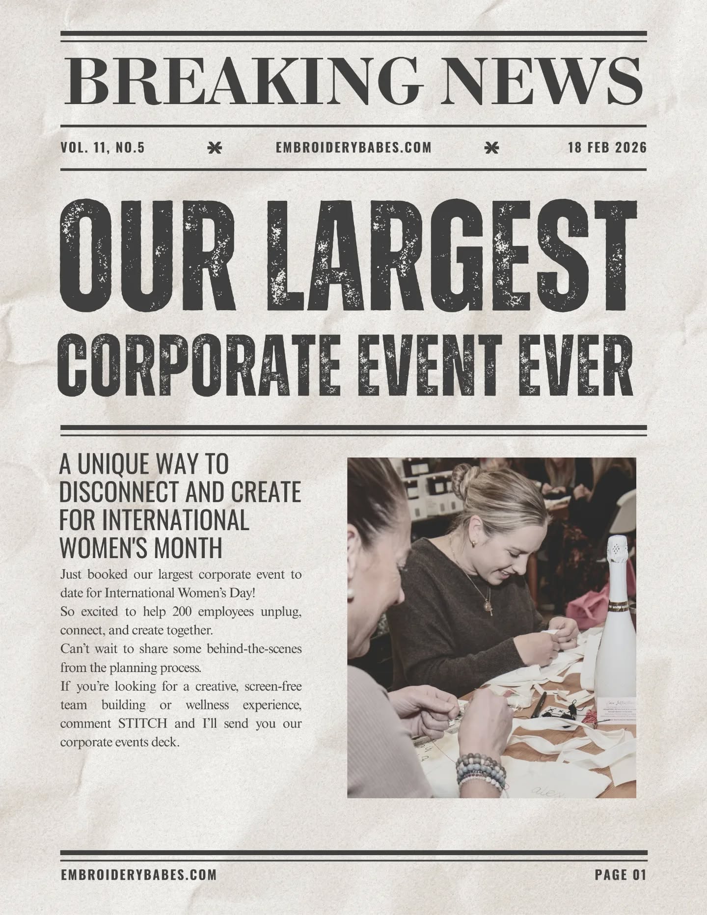 Just booked my largest corporate event to date for International Women’s Day 🙌
So excited to help 200 employees unplug, connect, and create together.
I’ll be sharing some behind-the-scenes prep soon 🪡
Think your workplace would love a creative wellness or team-building event?
Comment STITCH and I’ll send you the details. ✨
#CorporateWellness #TeamBuilding #InternationalWomensDay #EmployeeEngagement #ExperientialMarketing
