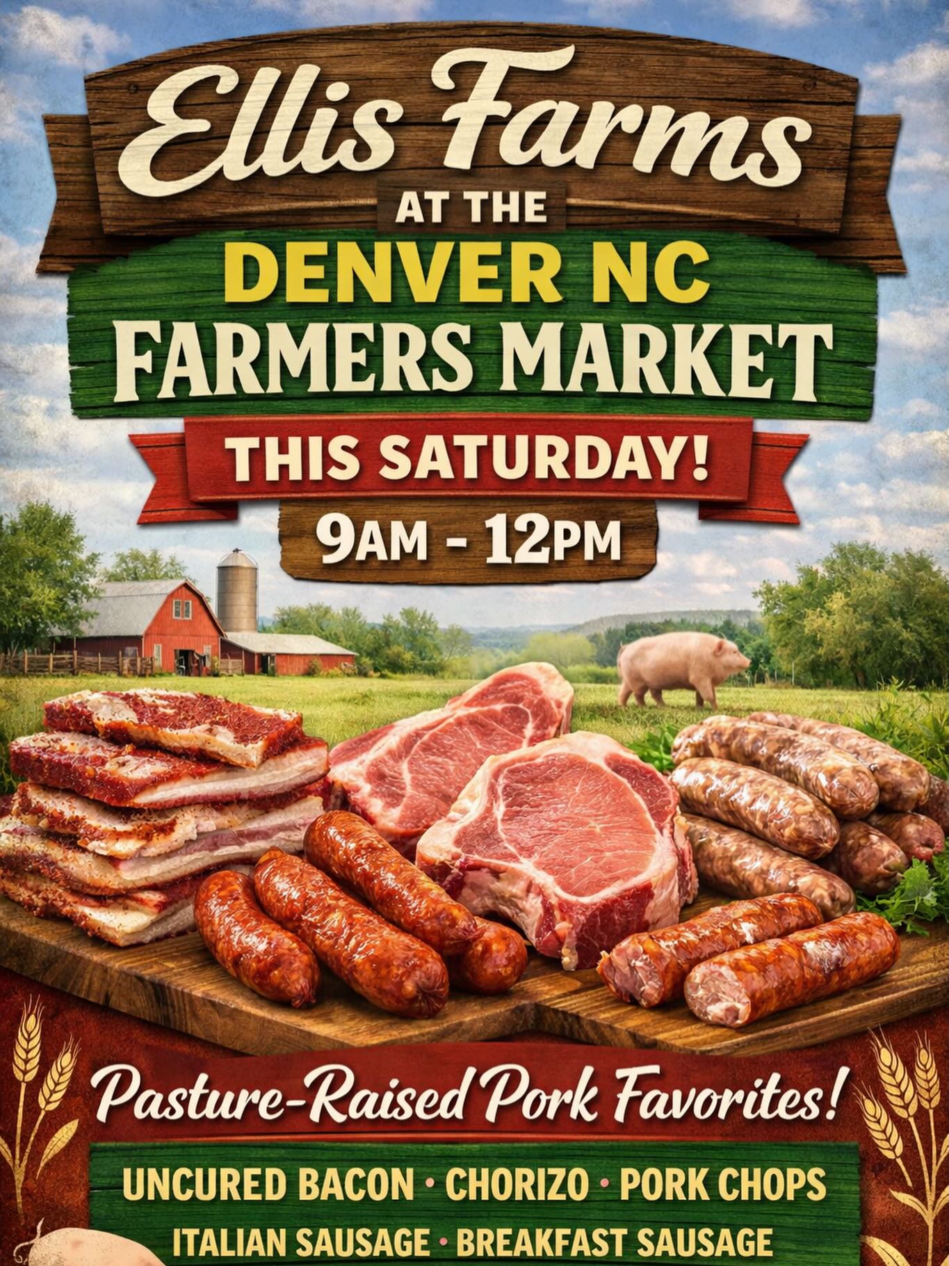 Start your Saturday with Ellis Farms at the Denver, NC Farmers Market from 9am–12pm!
We’ll have all your pastured-raised pork favorites ready for your freezer and your table — uncured bacon, chorizo, pork chops, Italian sausage, breakfast sausage, and more.
Fresh. Local. Raised right. 🐖