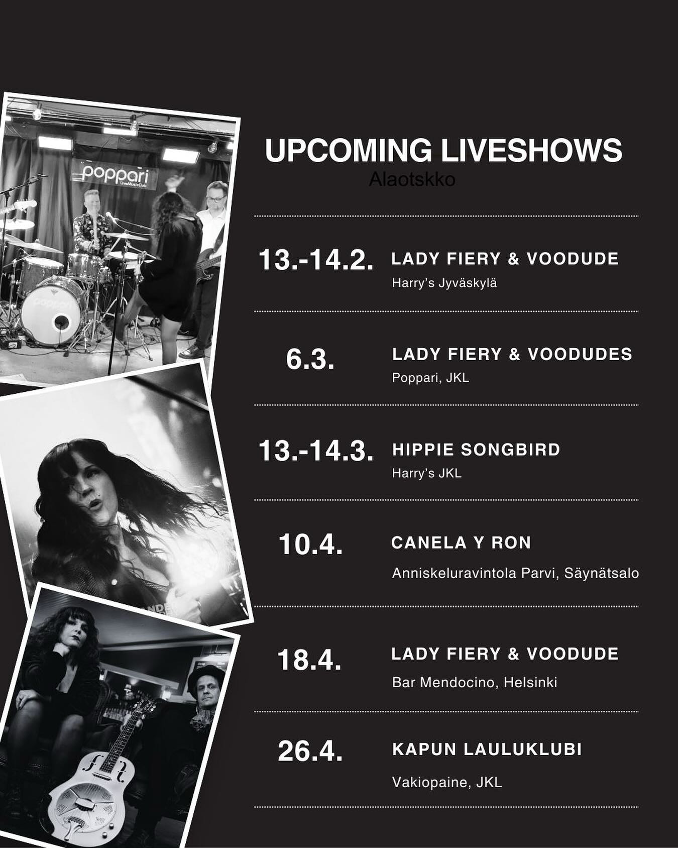 Tänä keväänä saa viettää aikaa studiossa, treenata ja tehdä uusia biisejä. Onneksi välillä pääsee esiintymään myös livenä 🖤
Ekat näistä keikoista on jo huomenna ja ylihuomenna @harrysjyvaskyla 🔥 Esiinnytään siellä @ladyfieryvoodudes- duolla. Koko bändin kunnon voit tulla tsekkaamaan Poppariin 6.3.
#liveshows #singersongwriter #newmusic #bluesfinland #argentinetango
P.s. Meni julkaisu uusiksi kun tajusin unohtaneeni keikkoja 😂