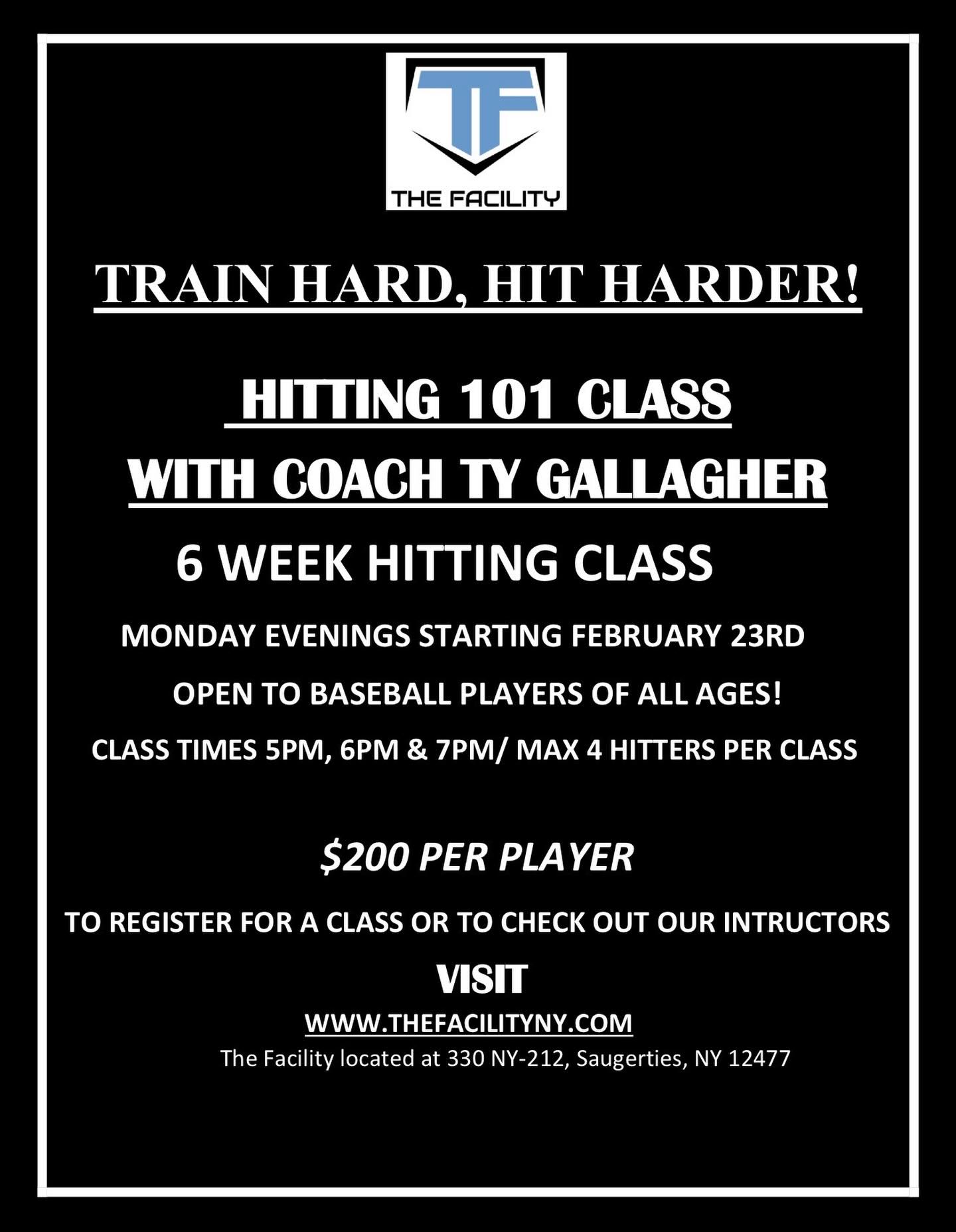 The grass will be showing before you know it, last Baseball hitting class before the season starts.
Register on our website:
www.thefacilityny.com