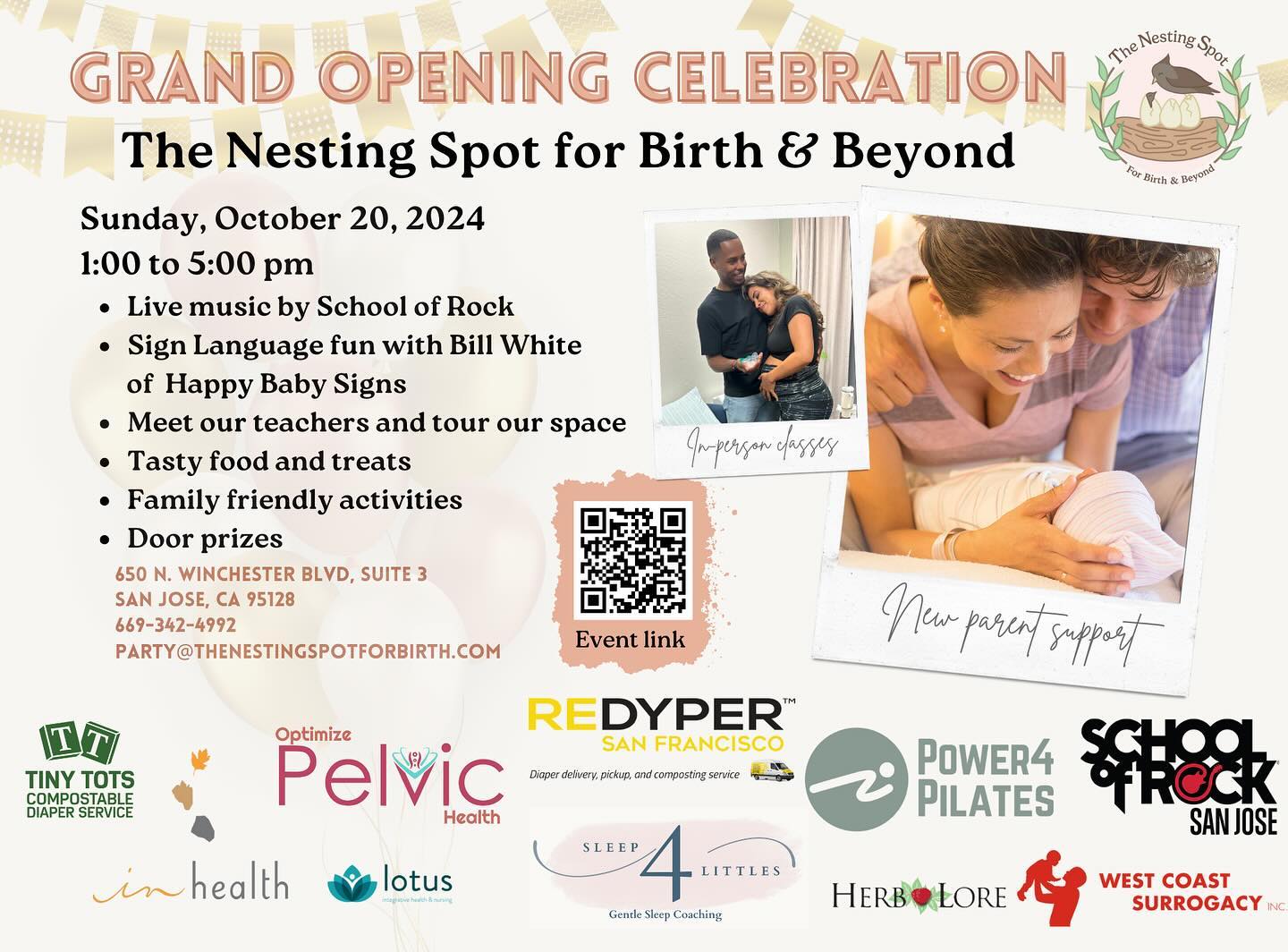 Looking for something to do this weekend?
My friends over at The Nesting Spot @thenestingspotforbirth are celebrating their grand opening with a party!
Sunday, October 20 from 1-5pm 🕐
📍650 North Winchester Blvd. Suite 3, San Jose, CA 95128.
The Grand Opening Celebration will have live entertainment🎸🎤, family friendly activities🎨🎈, snacks and prizes!
It’s free to attend!
Make sure to check out their offerings for all things in-person for new and expectant parents in the South Bay Area.
www.thenestingspotforbirth.com
#perinatalwellness #grandopening #sanjosemoms