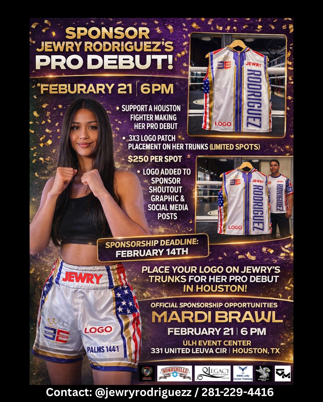 Houston, it’s time.
H-Town’s Jewry Rodriguez is making her PRO DEBUT on February 21st.
This is more than a fight. This is years of sacrifice, discipline, and faith stepping into the spotlight.
LIMITED logo spots on her trunks for fight night.
3x3 logo placement.
$250 per spot.
$JewryR
Your brand inside the ring.
Your logo on a hometown pro debut.
Your support behind a future champion.
DM @jewryrodriguezz to lock in your spot before February 14th.
Let’s put Houston on her trunks and make history.
#MardiBrawl #HoustonBoxing #texascombatsports #SupportLocalAthletes #ProDebut