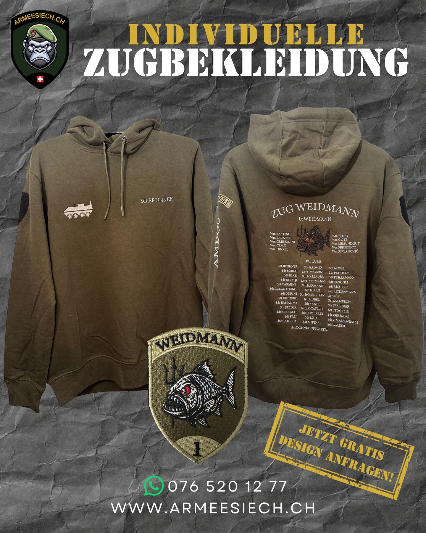 Individuelle Zugbekleidung für echte Kameradschaft 🇨🇭
Dieser Zug Weidmann Hoodie wurde komplett nach Wunsch gestaltet –
mit Namen, Logos, Namensliste und eigenem Badge.
Dein Zug. Dein Symbol. Dein Design.
✔ Hochwertige Stickerei
✔ Persönliche Beratung
✔ Gratis Designe
Hetsch au gern so en coole Zugpullover
Den Schrieb eus direkt per Whatsapp oder über www.armeesiech.ch
#armeesiech #zugbekleidung #zugpullover #rs #rekrutenschule