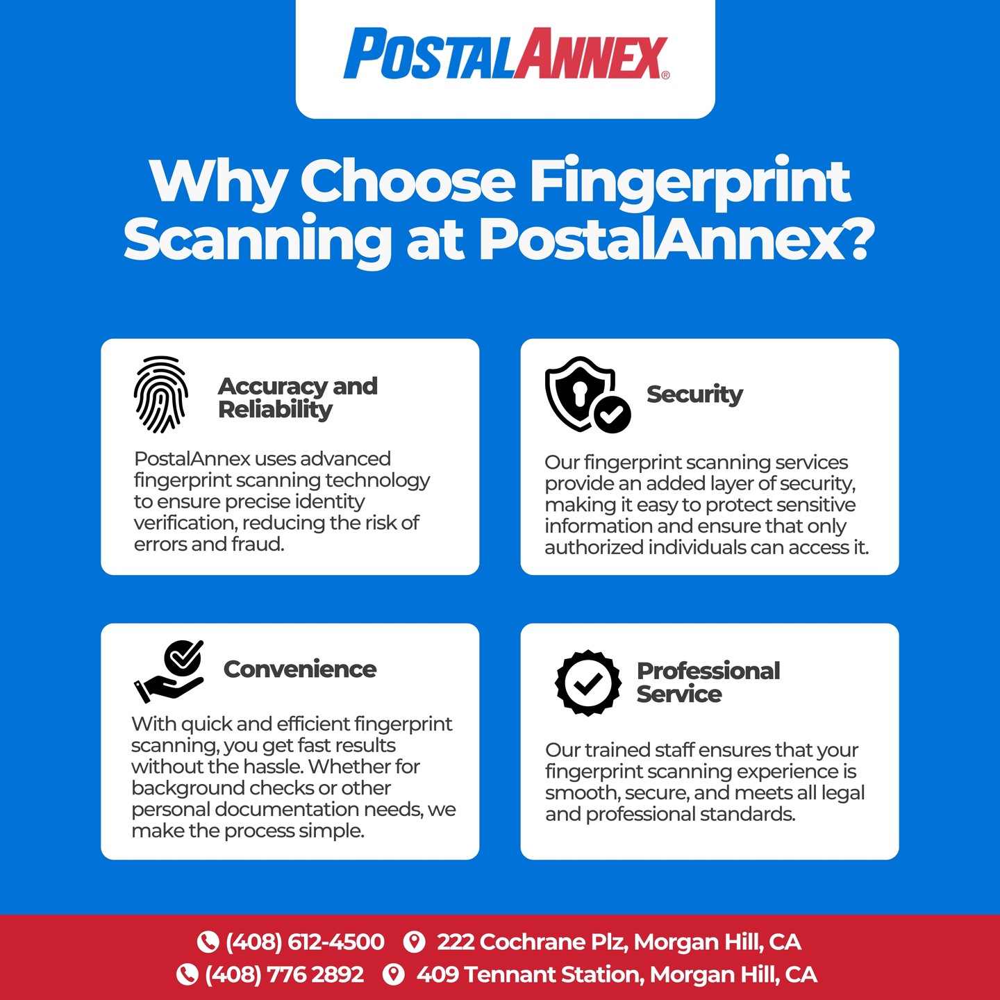Need fingerprint scanning? We've got you covered! 🔍
At PostalAnnex, we offer top-notch fingerprint scanning services that are accurate, reliable, and secure. Protect your sensitive info with ease—our advanced tech reduces the risk of errors and fraud. Plus, our quick and convenient service gets you in and out fast, with professional staff to guide you every step of the way. ✨
For background checks or other needs, trust us to get it right!
