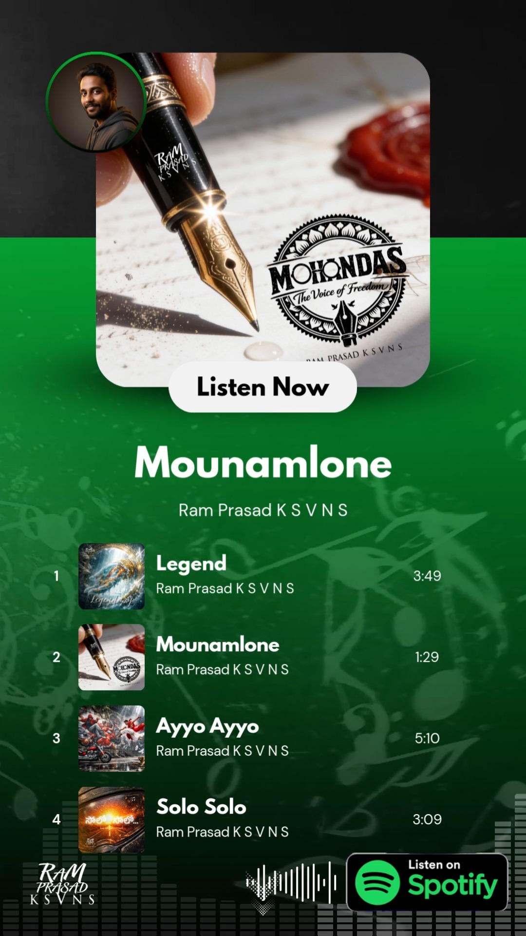 🎵 Listen #Mounamlone song by Ram Prasad K S V N S
Available on #spotify #amazonmusic #youtubemusic
#telugusongs #teluguwhatsappstatus #telugulyrics