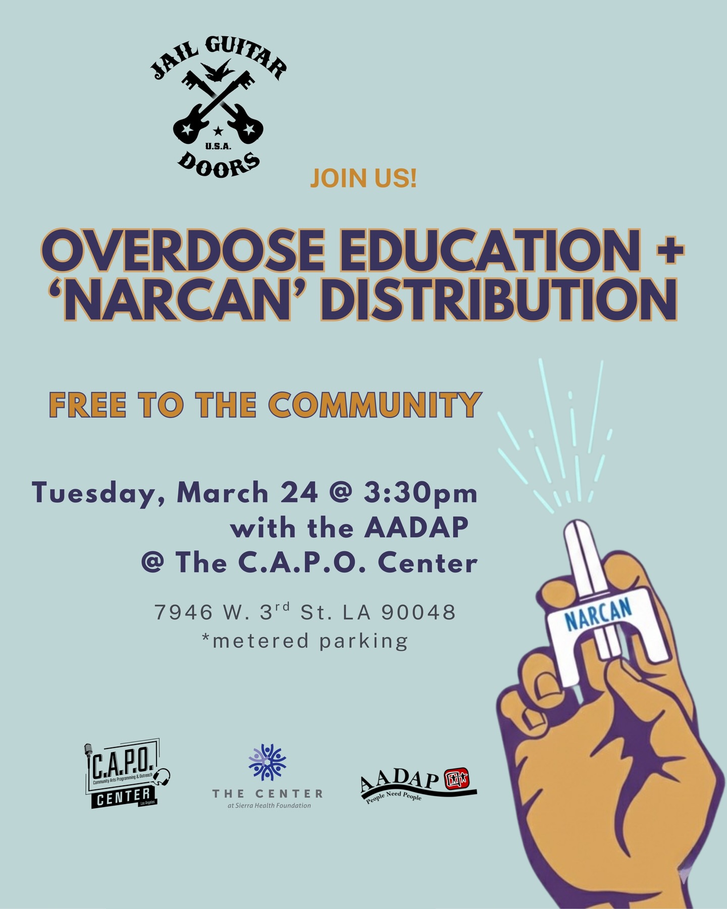 Mark your calendar: Tuesday, March 24th at 3:30PM—come to @thecapocenter for a free Narcan workshop & distribution, hosted by @aadapinc in partnership with @thecentershf and @dhcs_ca
Get hands-on training to spot an overdose and respond with Narcan—skills that can save lives.
Free and open to all!
.
.
#overdoseprevention #narcanworks #naloxone #communitysafety #lifesavingskills