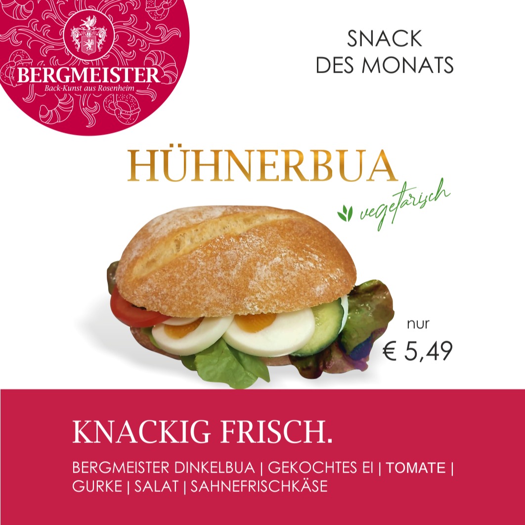 🍽️ Neues aus unserer Snack-Welt! 🌟 Der Snack des Monats heißt "Hühnerbua" und ist die perfekte vegetarische Leckerei für dich! 😋
Stell dir vor: unser BERGMEISTER Dinkelbua, frisch bestrichen mit cremigem Sahnefrischkäse, dazu ein köstliches gekochtes Ei, knackige Gurke, saftige Tomate und frischer Salat. 🥗🥚
Ein Gaumenschmaus, der nicht nur gesund ist, sondern auch super schmeckt! Kommt vorbei und gönnt euch diesen tollen Snack für nur **5,49 €**! 🤩✨
Wir freuen uns auf Deinen Besuch! 💯❤️😍
Dein BERGMEISTER-Team
#BäckereiBergmeister #bergmeister #SnackDesMonats #snacks #leckerschmecker #handwerk #handwerkskunst #snacktime #snacking #brotzeit #angebot #monatsangebot #bäckerei #sparen #genuss #rosenheim #stadtrosenheim #kolbermoor #stephanskirchen #schlossberg #wasserburgaminn #wasserburg #neubeuern #badfeilnbach #feilnbach #rohrdorf #thansau