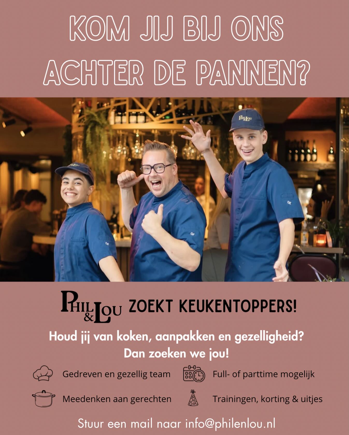 🔥 KOM JIJ ONS KEUKENTEAM VERSTERKEN? 🔥
Wij zoeken keukentoppers die blij worden van koken, aanpakken en werken in een gezellige sfeer.
Of je nu fulltime knalt of parttime wilt shinen achter de pannen — bij ons zit je goed 👨🏻🍳!
✔️ Werken in een gedreven en gezellig team
✔️ Meedenken over gerechten
✔️ Trainingen, uitjes & personeelskorting
Klinkt dit als jouw plek?
📩 Mail naar info@philenlou.nl en wie weet sta jij straks bij ons in de keuken!
#vacature #horecajobs #keukentopper #werkeninhoreca #teamphilenlou