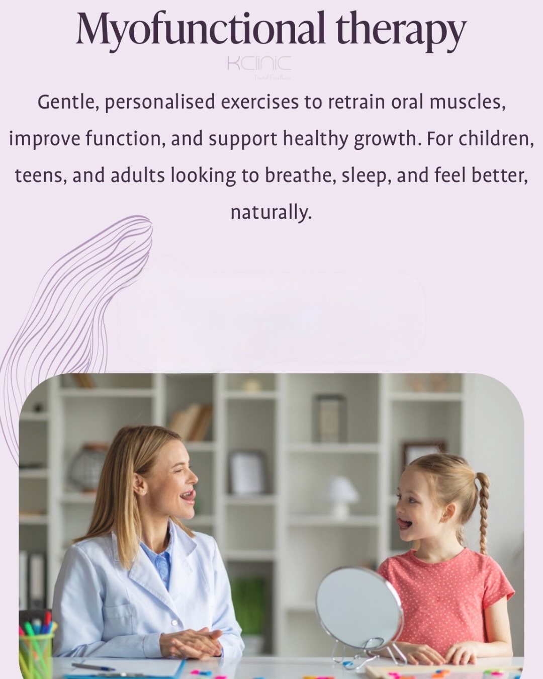 What is Myofunctional Therapy? 👅💨
Myofunctional therapy is a non-invasive treatment based on targeted exercises that correct improper tongue posture, breathing patterns, and oral muscle function.
These habits often develop early in life and can influence facial growth, speech, sleep quality, and orthodontic results.
By retraining the muscles of the tongue, lips, cheeks, and jaw, myofunctional therapy supports:
✨ better breathing
✨ clearer speech
✨ proper swallowing
✨ healthy facial development
Benefits of myofunctional therapy:
✔️ Better breathing – encourages nasal breathing and may reduce snoring and sleep-disordered breathing
✔️ Improved oral posture – supports correct tongue and lip positioning for balanced jaw development
✔️ Enhanced orthodontic results – helps prevent relapse after braces and improves long-term stability
✔️ Clearer speech – improves articulation by correcting muscle patterns
✔️ Healthier swallowing – reduces tongue thrust and its impact on tooth alignment
✔️ Better sleep quality – supports open airways and healthy nighttime breathing
Interested in learning more?
Book a consultation with our Natalie and take the first step toward better oral and overall health 💙
📍7 Windsor Way, Knutsford WA16 6JB
🌐 www.kclinic.co.uk
📱 07946 219 539
☎️ 01565 653480
#myofunctionaltherapy#breathebetter#speakclearly#thrive#naturally