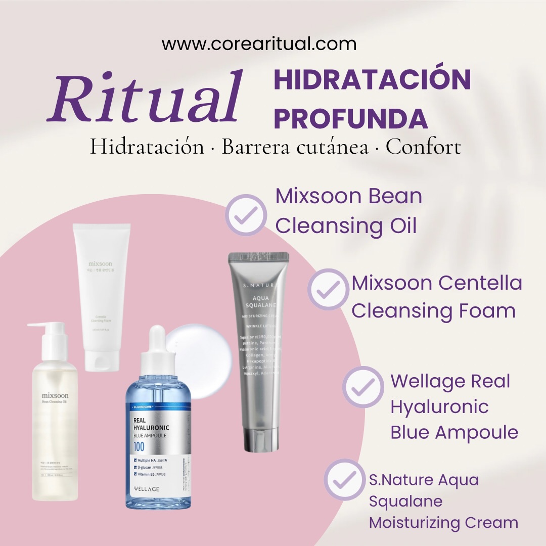 💜 RITUAL DE HIDRATACIÓN PROFUNDA
Si tu piel se siente tirante, apagada o con la barrera alterada… este ritual es para ti.
Una rutina inspirada en el skincare coreano para restaurar confort, reforzar la barrera cutánea y devolver ese glow jugoso y saludable ✨
Este kit incluye:
✔️ Limpieza suave pero eficaz
✔️ Hidratación multicapa con ácido hialurónico
✔️ Activos calmantes como centella
✔️ Nutrición con escualano para sellar y proteger
El resultado:
💧 Piel más elástica
✨ Más luminosa
🌿 Más calmada
💎 Más fuerte frente a agresiones externas
Ideal para piel seca, deshidratada o sensibilizada.
Descúbrelo en www.corearitual.com
Envíos desde España 🇪🇸