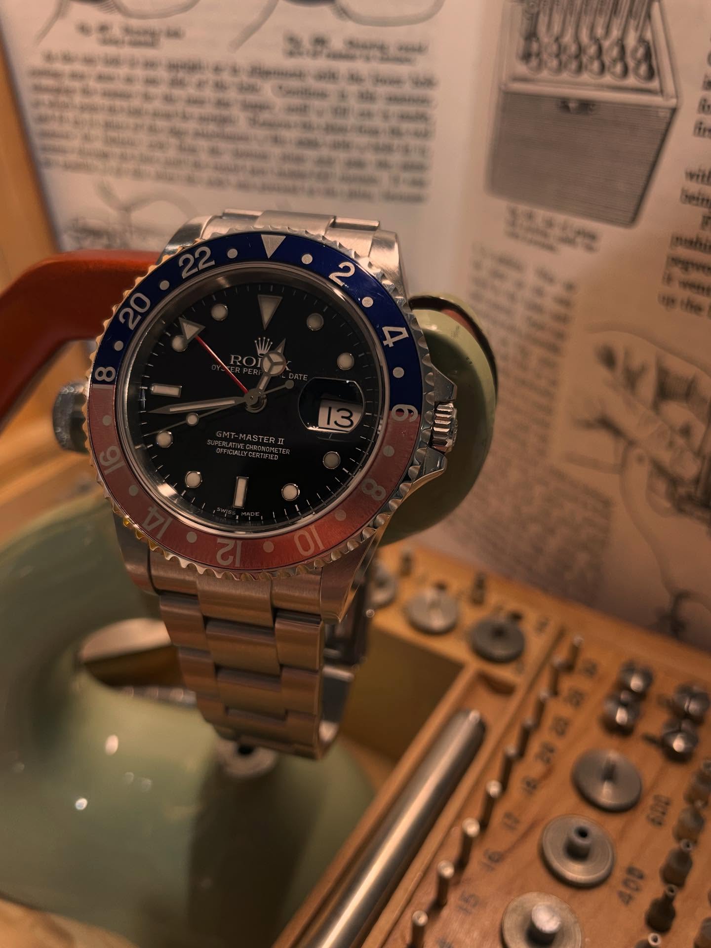 Rolex GMT Master II reference 16710 “Pepsi”. Complete with Rolex service papers and in beautiful original condition. Recently sourced and sold.