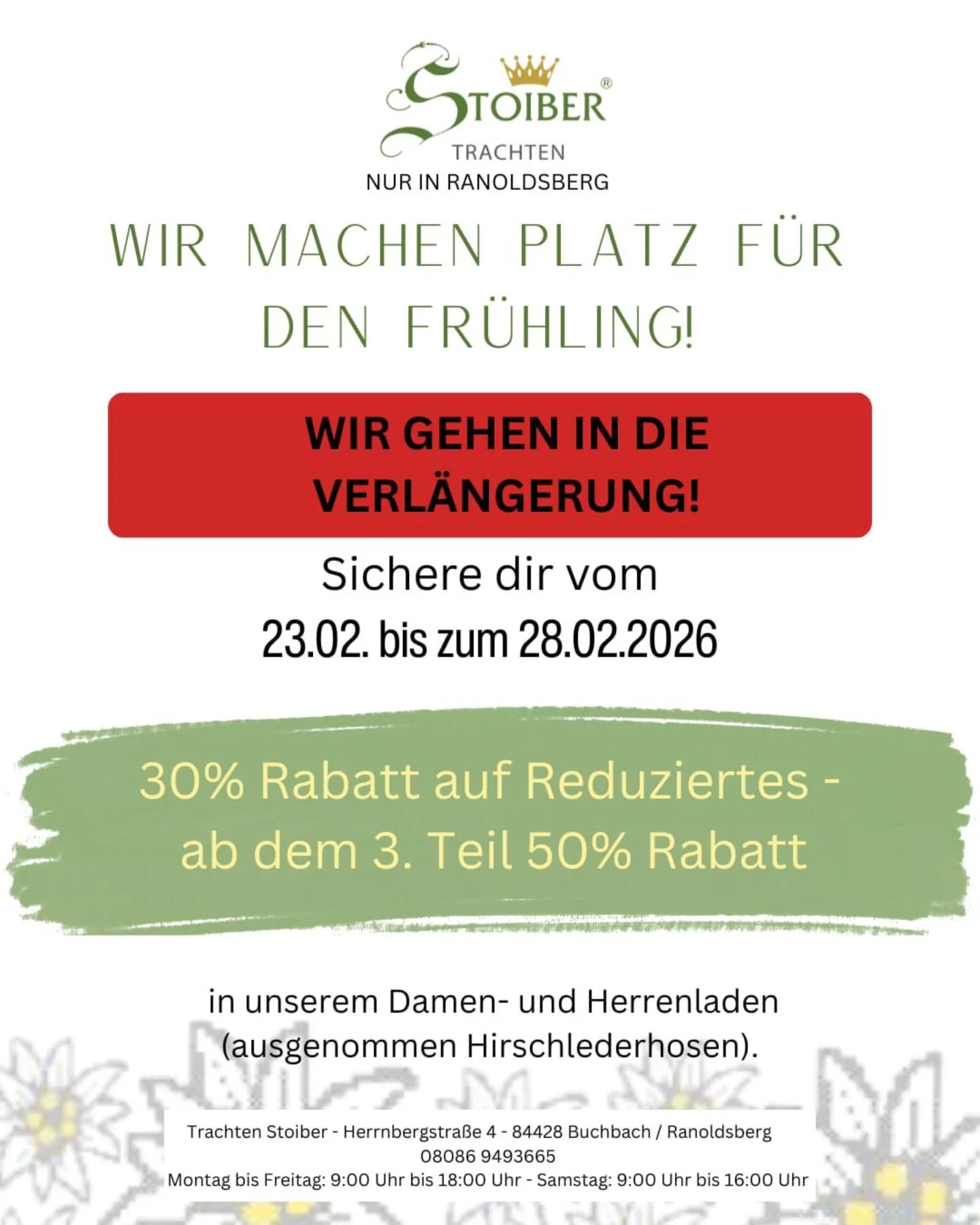 Wir gehen in Verlängerung!
Du hast noch nicht für die neue Festlsaison zugeschlagen, dann wird es jetzt Zeit.
Beim Kauf von zwei Teilen bekommst du 30 % Rabatt, und ab dem dritten Teil sogar 50% auf alle reduzierten Artikel – jetzt deine Lieblingsstücke sichern!