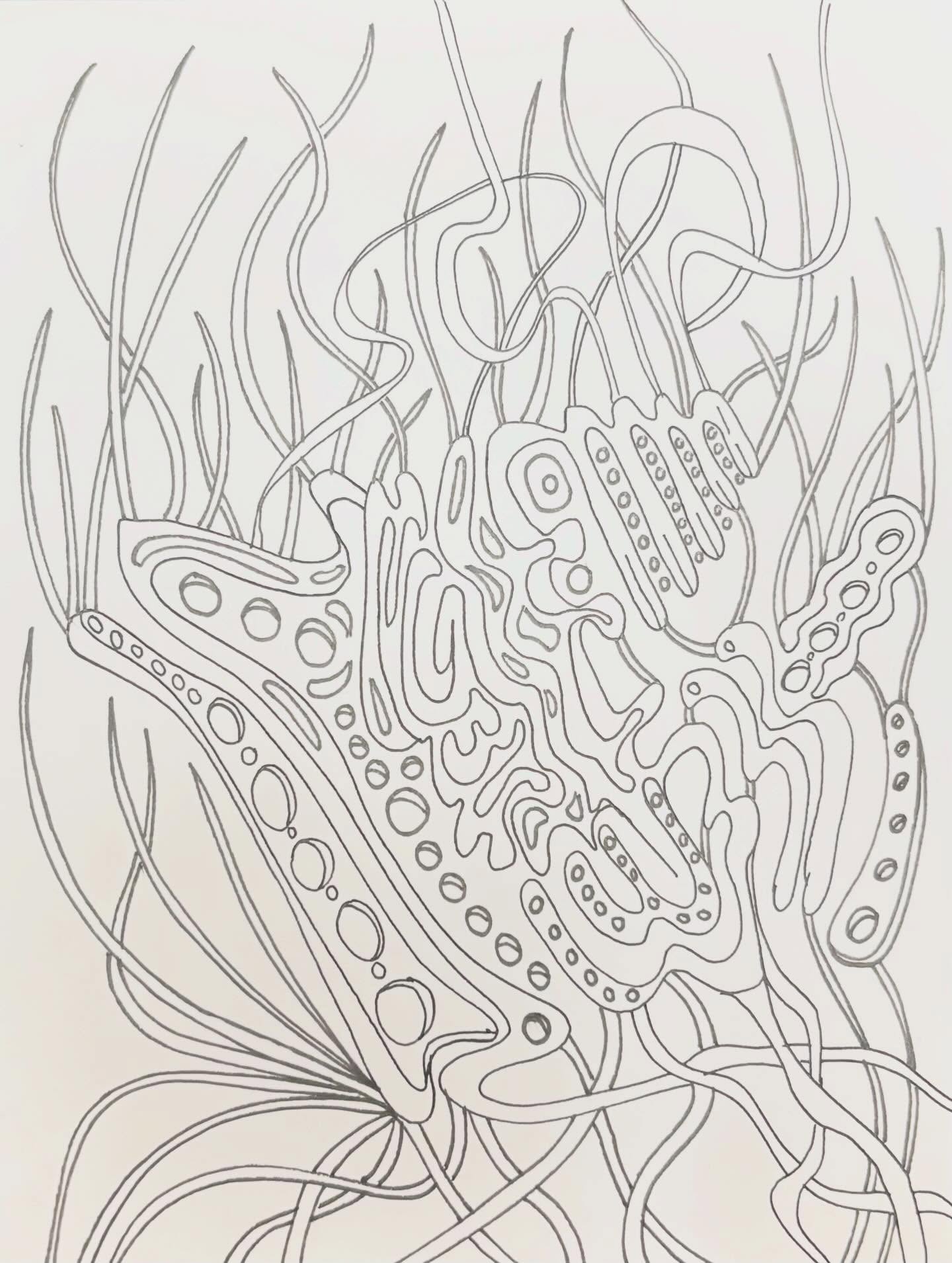 Second of four updated or completed line drawings. Next, I will add color. Original size is 4.5x6” — small for me, but not a mini, which is only 3.5x2.5”