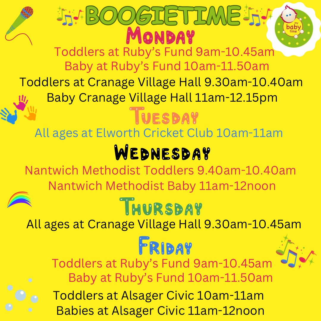 Half term week and we are running all our regular classes as usual.
Siblings are more than welcome to join us and we charge just £1 extra if they are over 12 Months.
Cranage, Elworth, Nantwich and Alsager are all drop in and pay on the door.
Ruby’s Boogietime is pre- booking only - right up to the start time. Your booking includes soft play before the session and the cafe is open to purchase food and drinks and the most amazing cakes. If you have any trouble booking just send us a quick message and we can book you on.
Have a great half term
#mybabytime #boogietime #cheshiremums