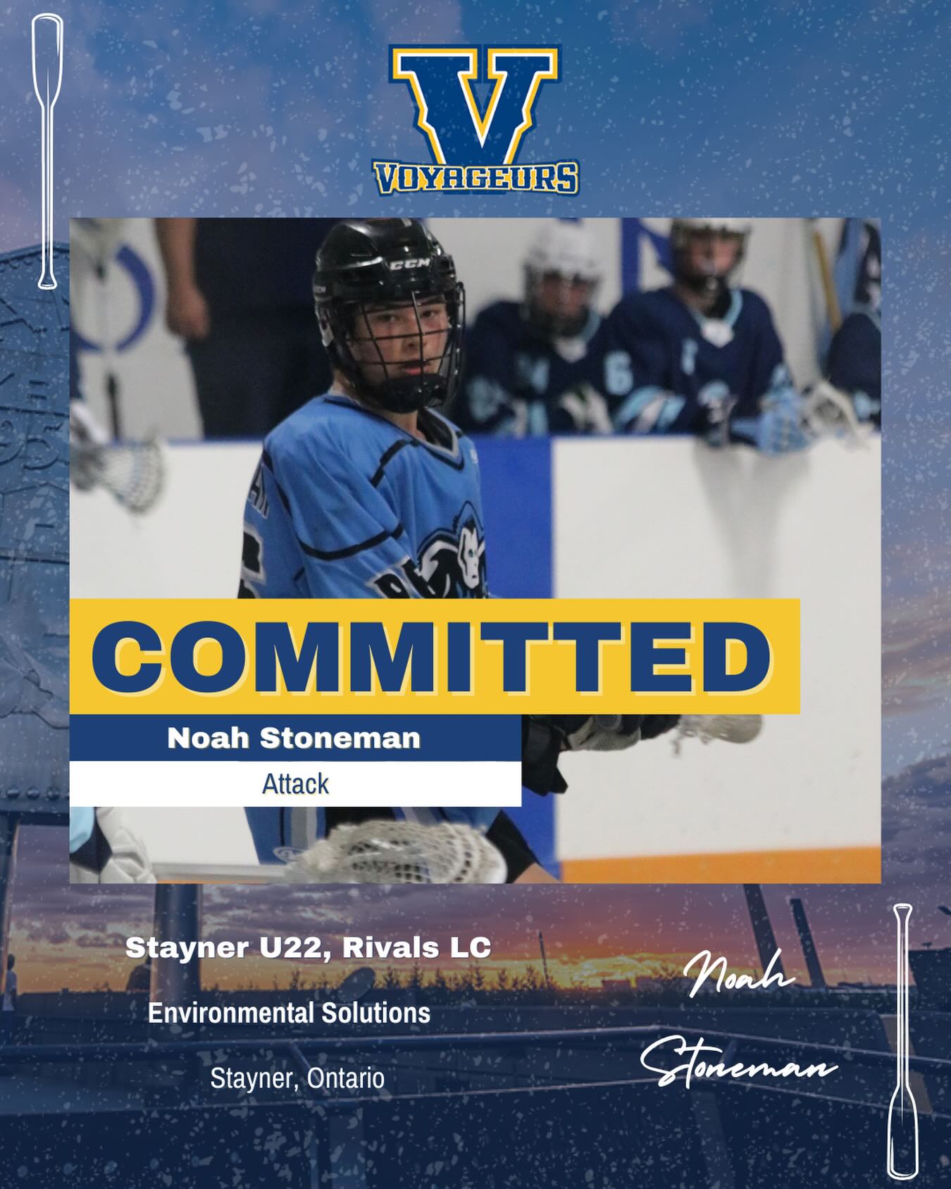 We are thrilled to announce the commitment of Noah Stoneman for 2026!
The Stayner, Ontario native played U22 this past summer for the Stayner Hitman, and is currently playing in the Jr ALL with Rivals LC!
Noah brings a high level of skill and offensive firepower to our attack!
💙 Welcome to the Voyageurs family! 💛
#VoyageursLacrosse #CUFLA #PaddlesUp #RowTheBoat #PrideAndTradition