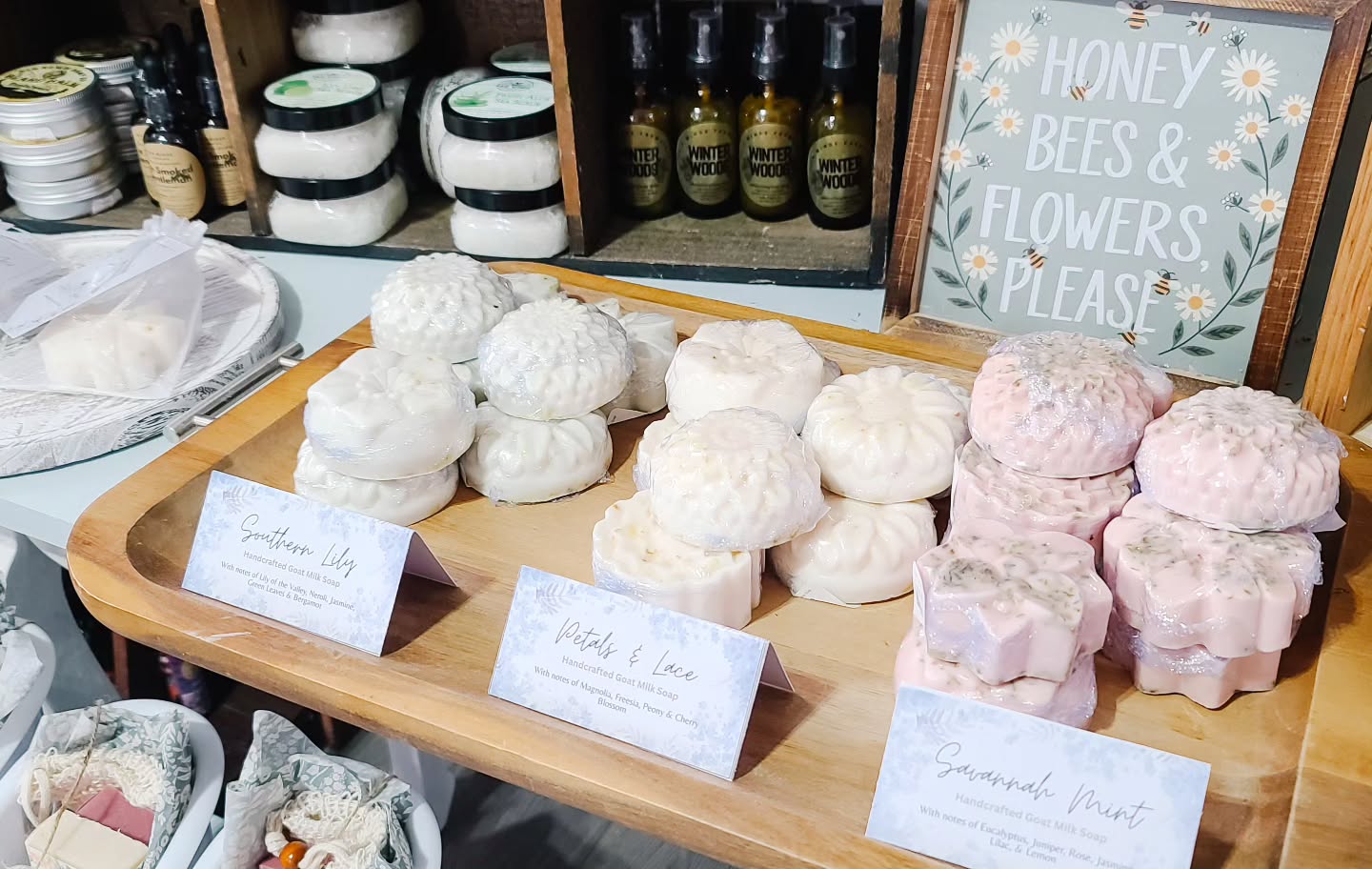New goat milk soap available in store. I'm most obsessed with Petals & Lace and Southern Lily. OMG I could inhale the smell all day, they are just pure spring garden heaven smells.