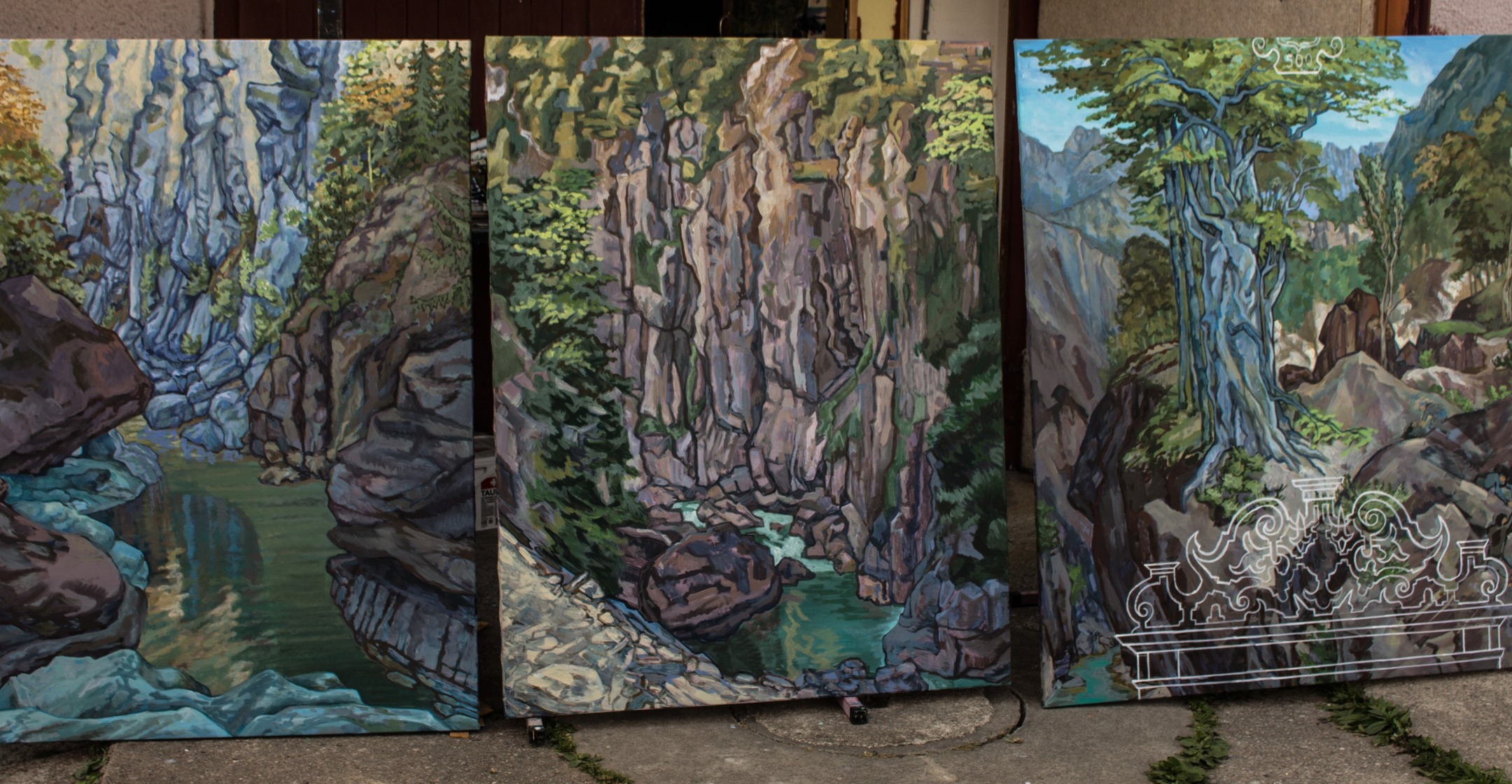 Nouveau site www.bernardbailly.ch
LE PAS DE LA TINE
"La découverte du Haut Pays vers 500," Château de Gruyères, canton de Fribourg
Bailly Hodler Menn, de gauche à droite
Peintures de Bernard Bailly