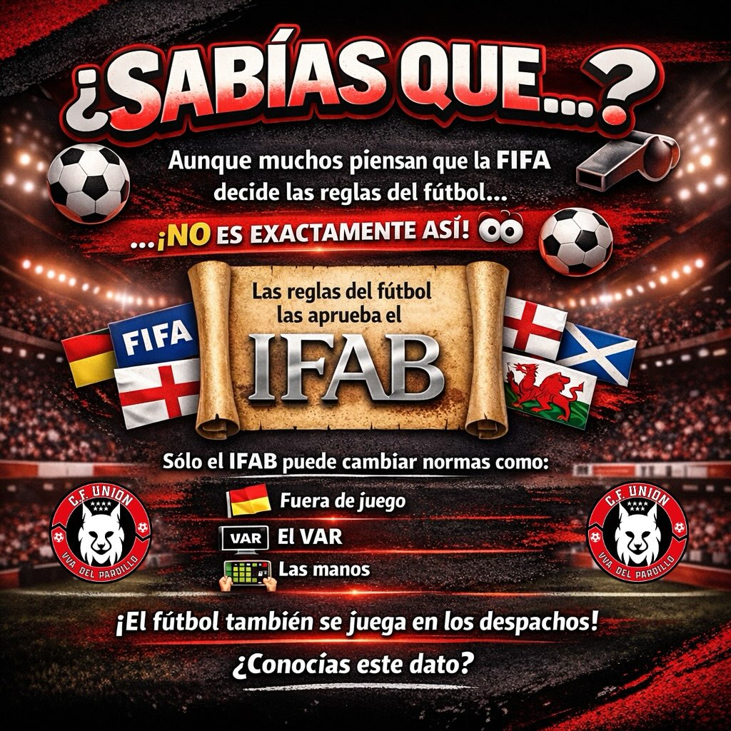 ⁉️¿SABÍAS QUÉ NO ES LA FIFA QUIÉN DECIDE LAS REGLAS DEL FÚTBOL?
🧠Aunque muchos lo piensan, las normas del juego no las cambia directamente la FIFA.
📜 Las 17 Reglas del Juego las aprueba un organismo llamado IFAB, el único que puede modificar aspectos como el fuera de juego, el VAR o las manos.
⚽️Cada cambio que afecta a nuestro equipo dentro del campo pasa antes por una votación fuera de él.
✍🏼Porque el fútbol no solo se juega con balón…
también se decide en los despachos.
🔴¿Lo sabías?
