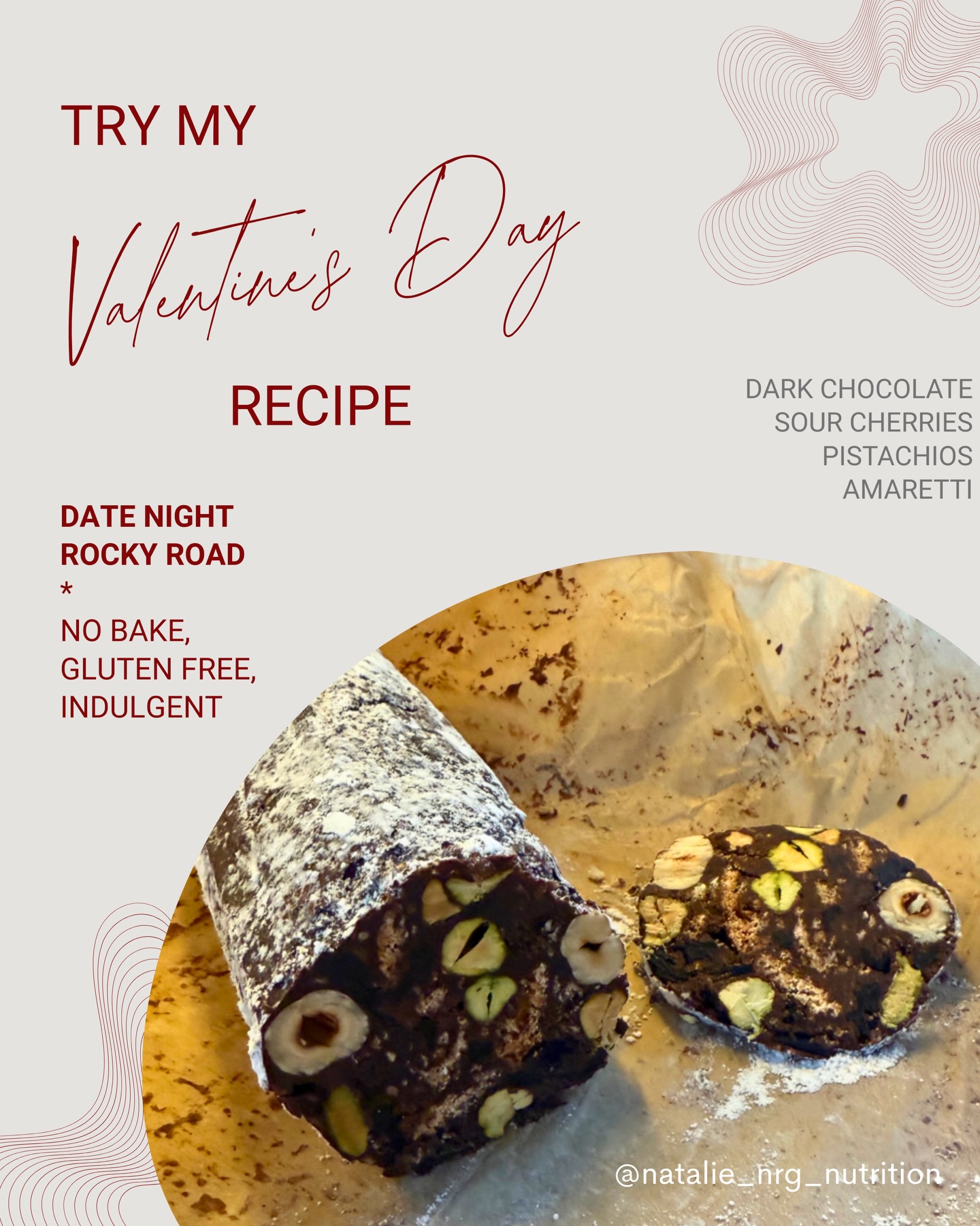 An indulgent & relatively simple date night rocky road, well timed with Valentine’s Day ❤️ And before anyone says anything…. dark chocolate and dried cherries contain lots of amazing antioxidants and other health benefits ;)
Swipe to see short video demo.
The recipe, adapted from a wonderful Waitrose magazine dish:
1. Place the sultanas and cherries into a small bowl and pour over the rum. Set aside to soak for ~15 minutes.
2. Combine the butter and chocolate in a bowl and melt over gentle heat until smooth. Remove from the heat and stir in the cream. ✨Note: Make sure the chocolate mixture and cream are about the same temperature to prevent splitting.
3. Crush half the amaretti into a rough powder and the second half into larger chunks. First stir the powdered mix into the melted chocolate, followed by the chunks.
4. Mix in the cocoa powder, pistachio and cherry sultana mix.
5. Place the mixture on parchment paper in a thick log shape, around 20cm long and gently roll the parchment. Twist the ends of the paper to create a tightly compacted cylinder.
6. Chill for 2-3hrs +
7. Unwrap the parchment and generously sift icing sugar to coat the log. To serve, slice gently into 1 inch thick discs.
Let me know if you’ve tried it! ♥️
Natalie
#valentinesbaking #rockyroad #dessert #darkchocolate