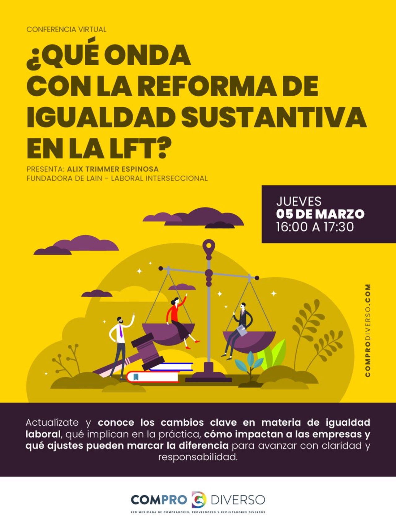 Tenemos novedades!
✨
Nuestra @alixialezweet estará con el equipo de @comprodiverso brindando una conferencia sobre los cambios legales en materia de #igualdadsustantiva
✨
¿Quien se suma? Les esperamos!
.
.
.
#LAIN #LaboralInterseccional #LFT
