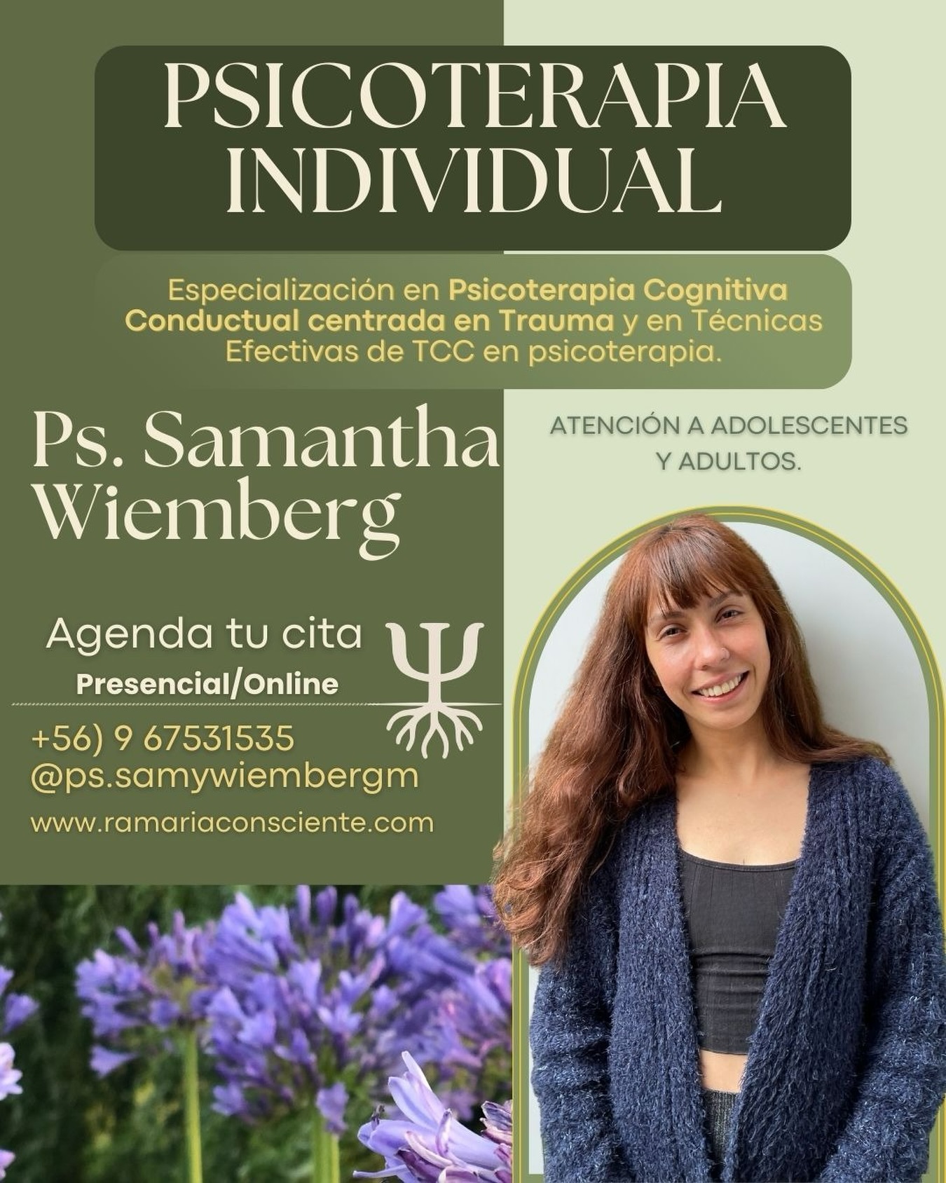 🧠 Psicóloga Samantha Wiemberg
Psicóloga con enfoque Cognitivo Conductual (TCC), especializada en psicoterapia centrada en el trauma y en la aplicación de técnicas efectivas basadas en evidencia científica.
Cuenta con experiencia en el acompañamiento de personas que enfrentan:
✔️ Ansiedad y estrés
✔️ Depresión
✔️ Secuelas emocionales del trauma
✔️ Dificultades en la regulación emocional
✔️ Creencias limitantes y patrones disfuncionales
Su trabajo terapéutico se caracteriza por ser estructurado, cercano y orientado al cambio, entregando herramientas prácticas para fortalecer el bienestar psicológico y promover la autonomía emocional.
Brinda un espacio terapéutico:
✨ Seguro, respetuoso y confidencial
✨ Centrado en objetivos concretos
✨ Adaptado a las necesidades de cada persona
En Ramaria Consciente, Samantha acompaña procesos de sanación y crecimiento personal desde una mirada profesional, empática y basada en evidencia.