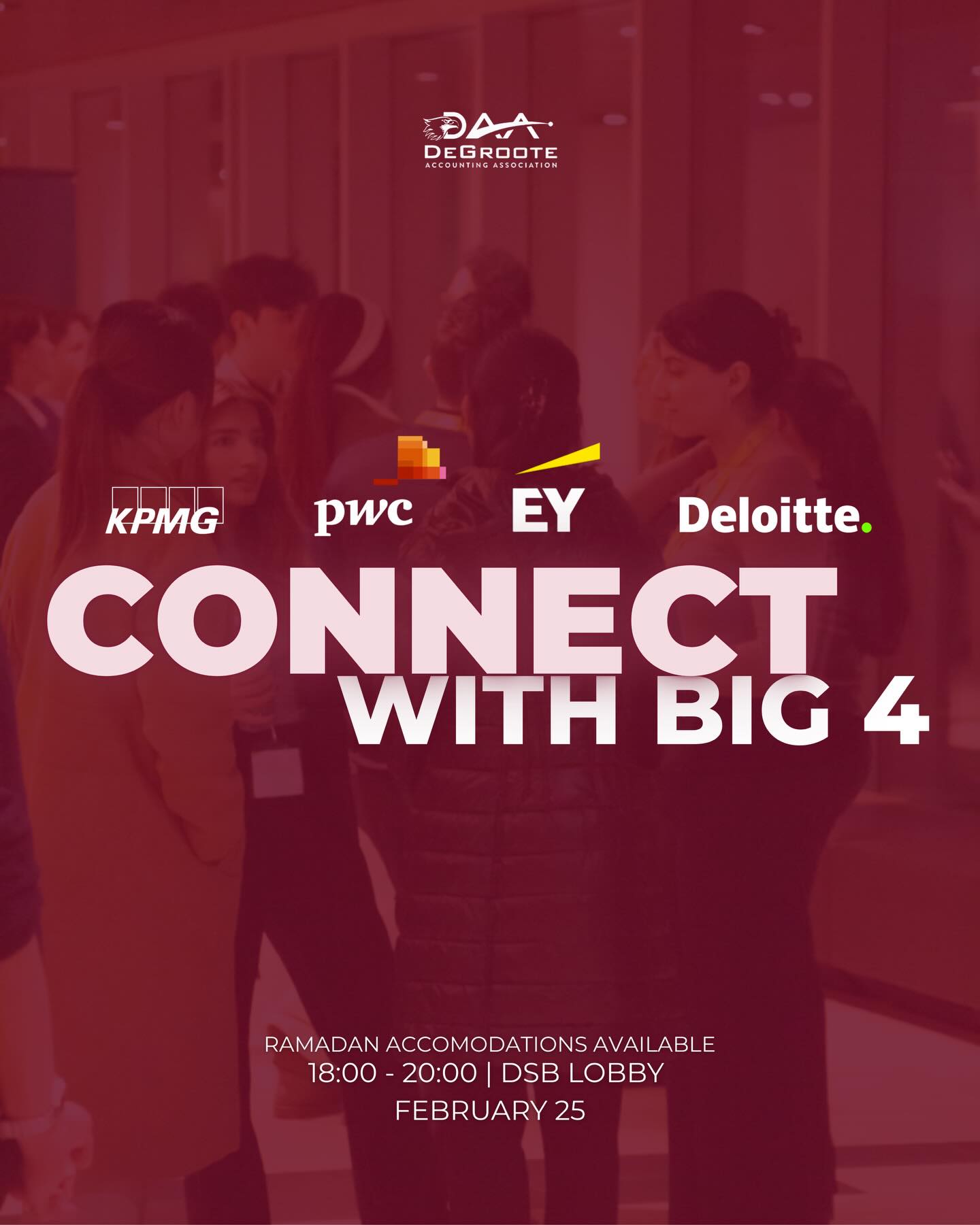 Join DAA for an exclusive evening featuring a Big 4 panel and networking session. Former interns and representatives from the Big 4 firms will share insights on recruitment, firm culture, and how to succeed in your internship experience.
Following the panel, connect directly with professionals and ask your questions in a dedicated networking session.
Register now through the link in our bio.