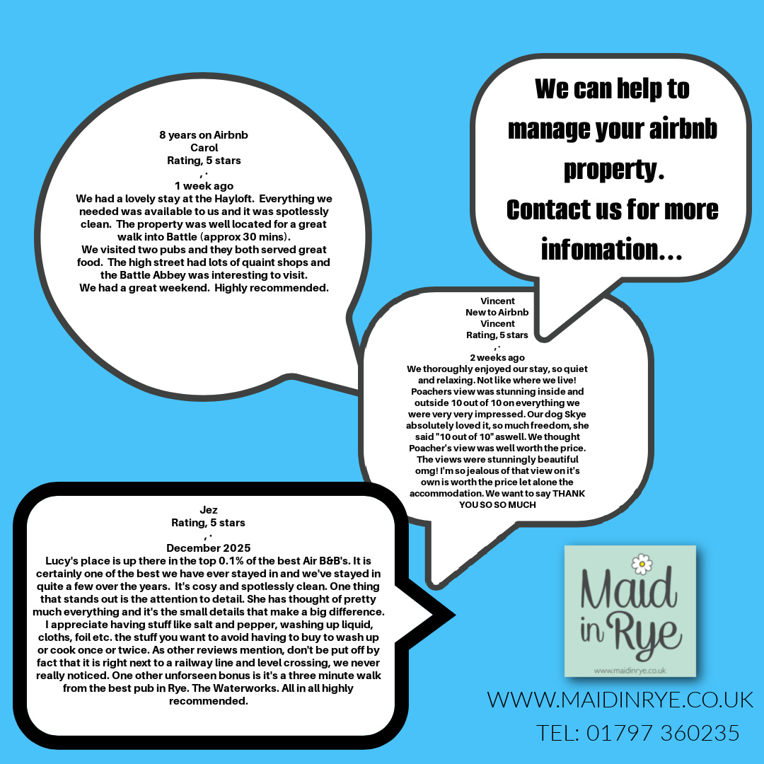 Airbnb owners in Rye —
Want more bookings without doing the work?
We manage your property.
We handle your guests.
We protect your home.
You collect the income.
Maid in Rye Ltd is now onboarding a limited number of properties for 2026.