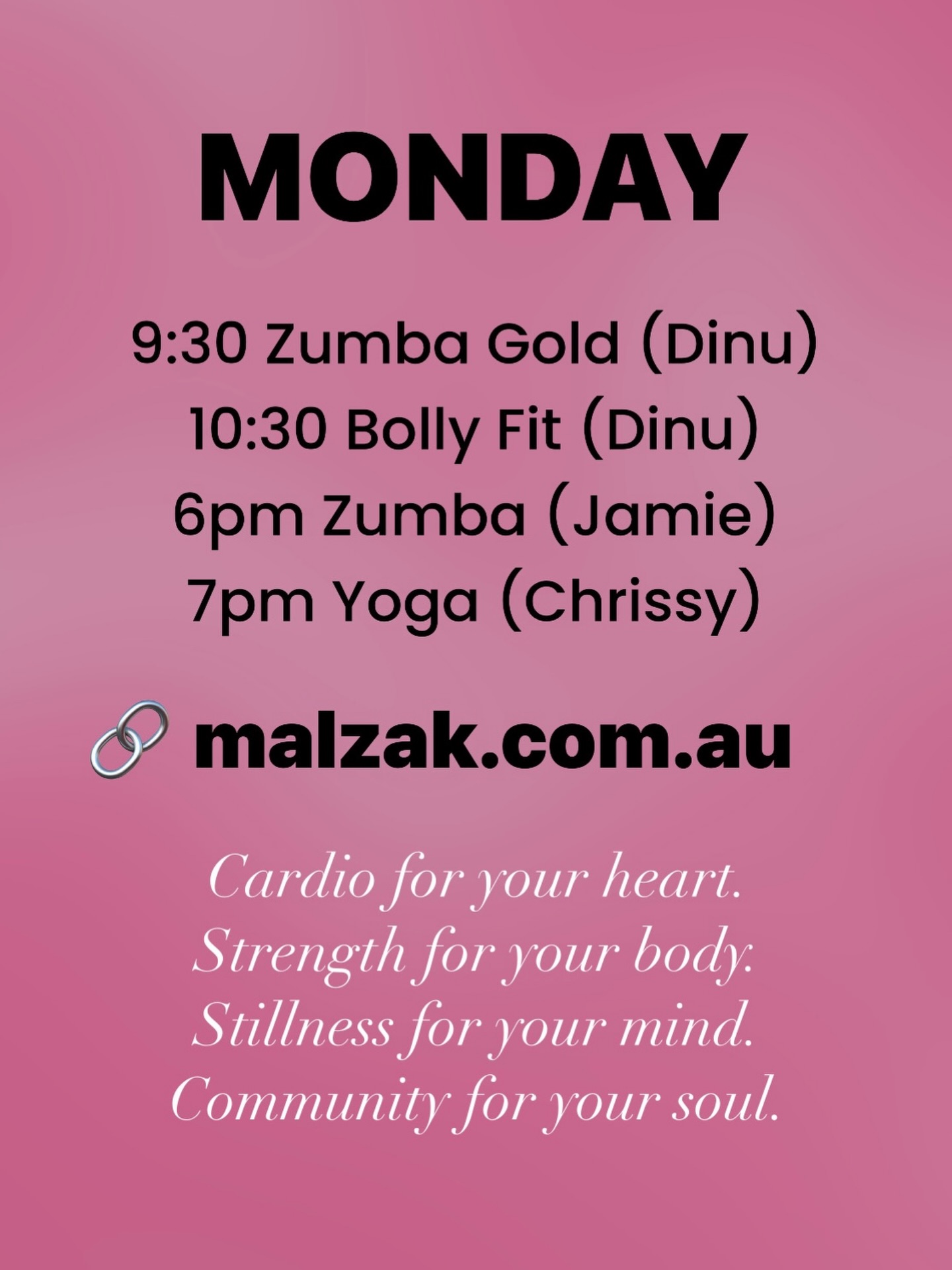 Cardio for your heart.
Strength for your body.
Stillness for your mind.
Community for your soul.
BOOK INTO A CLASS
Malzak Dance Fitness Studio, Jindalee, Brisbane, QLD 4074
🔗 malzak.com.au/timetable
#zumba #yoga #bollyfit #pilates #fitness