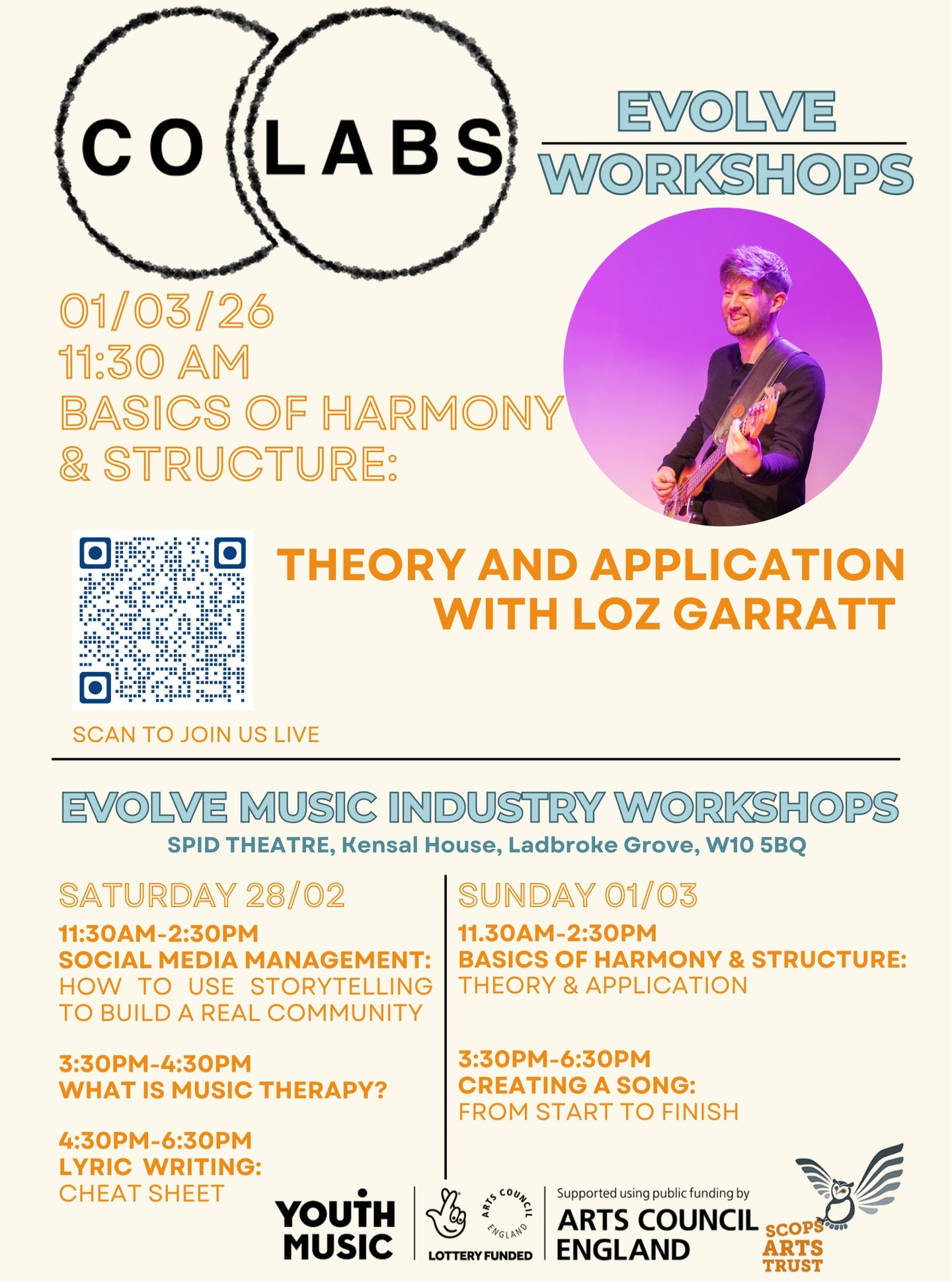 We kick off Sunday Mar 1 with the stellar @lozgarratt
What’s a major chord? A minor chord? How do we link them together to make a song? What’s a cadence?! If you’re wondering what the answers to any of these questions are, then join Loz Garratt for a workshop on the basics of harmony, and how to practically put them to use when writing music and structuring songs.
Loz has been a working bass player for over a decade, playing with many artists all over the world. His credits span from Jamie Cullum, Burna Boy and Gary Barlow across to West End shows and recording sessions for Silverback films and Disney.