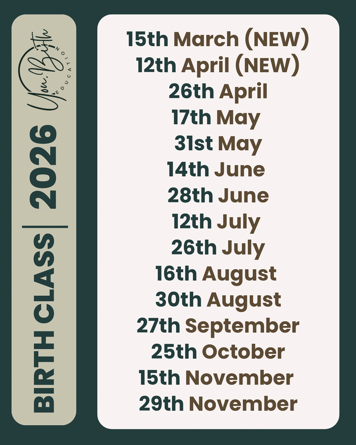 🌿 BIRTH CLASS 2026 DATES 🌿
We’re so excited to share our 2026 schedule 💛
🗓️ 15th March (NEW)
🗓️ 12th April (NEW)
🗓️ 26th April
🗓️ 17th May
🗓️ 31st May
🗓️ 14th June
🗓️ 28th June
🗓️ 12th July
🗓️ 26th July
🗓️ 16th August
🗓️ 30th August
🗓️ 27th September
🗓️ 25th October
🗓️ 15th November
🗓️ 29th November
Places book up fast – reserve yours today ✨
Message us to secure your space 📩
#BirthClass #AntenatalSupport #PregnancyJourney #Expecting2026 #NewParents