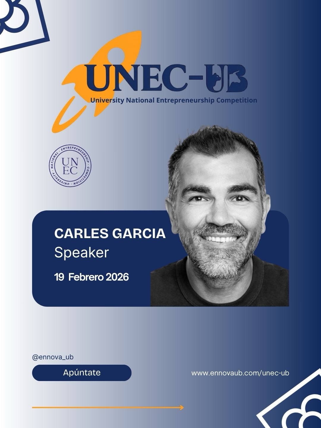 🚀Nuevo speaker en UNEC-UB🚀
Tenemos el placer de contar con Carles Garcia, director y fundador de Scaleupventas, como speaker de la
University National Entrepreneurship Competition en la
Universidad de Barcelona.
Carles ayuda a founders y CEOs de startups B2B a dejar atrás la improvisación comercial y construir sistemas de ventas predecibles y escalables, impulsando el crecimiento sostenible de sus proyectos.
17 ¿Cuándo? 19 de febrero de 2026.
Evento: University National Entrepreneurship
Competition UB (UNEC-UB).
¡lnscribete ya y asegura tu plaza! Link en la bio o en
www.ennovaub.com/unec-ub
#UNECUB #Emprendimiento #Startups #VentasB2B
#Innovación EnnovaUB