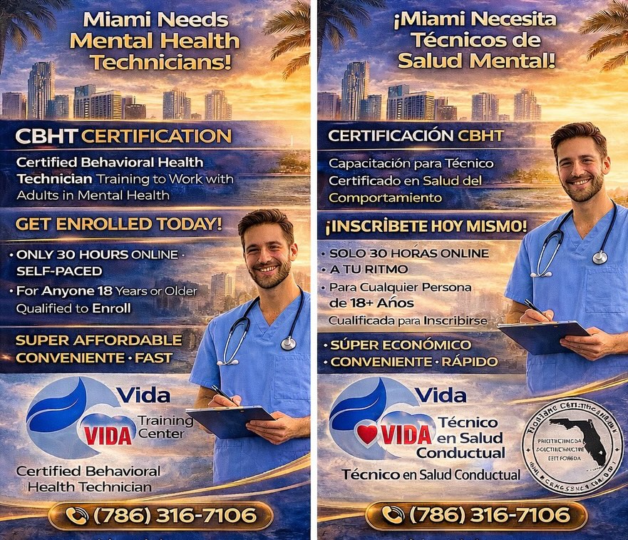 🧠 📚 Miami necesita Técnicos en Salud Mental y tú puedes certificarte en solo 30 horas.
Nuestro programa CBHT (Técnico Certificado en Salud Conductual) está aprobado por la Florida Certification Board, es 100% online, a tu ritmo, económico y con alta demanda laboral.
No se requiere examen de board para trabajar.
Te entregamos toda la documentación necesaria para que puedas solicitar empleo de inmediato.
Si tienes 18 años o más y deseas trabajar en centros de rehabilitación, hospitales, clínicas de salud mental, hogares grupales o programas residenciales esta es tu oportunidad.
Los espacios se llenan rápido.
📞 Llama al 786 316 7106
🌐 www.vidatraining.center
📩 O envíanos un DM y te inscribimos de inmediato.
Rápido. Conveniente. Enfocado en tu carrera.
_______________________________________________
📚 🧠 Miami needs Mental Health Technicians and you can become certified in just 30 hours.
Our CBHT (Certified Behavioral Health Technician) program is Florida Certification Board approved and fully online, self paced, affordable, and in high demand.
No board exam required for employment.
We provide all documentation needed to apply for work immediately.
If you are 18 or older and ready to start working in rehab centers, hospitals, mental health clinics, group homes, or residential programs this is your opportunity.
Spots fill quickly.
📞 Call or text 786 316 7106
🌐 www.vidatraining.center
📩 Or DM us and we will get you enrolled right away.
Fast. Convenient. Career focused.
#cbht #miamijobs #miami #miamijobsearch #onlinecourse