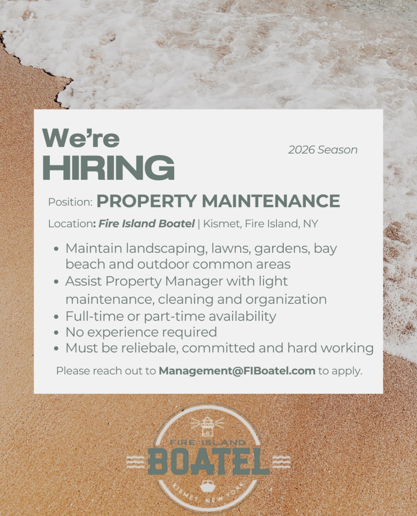 Now hiring for Summer 2026 ☀️ Sun, salt air, and hard work!
We’re looking for someone reliable, committed, and ready for a physical, hands-on role. If you’re searching for a fun summer job and aren’t afraid to break a sweat, this could be the perfect fit.
To learn more, please email management@fiboatel.com
