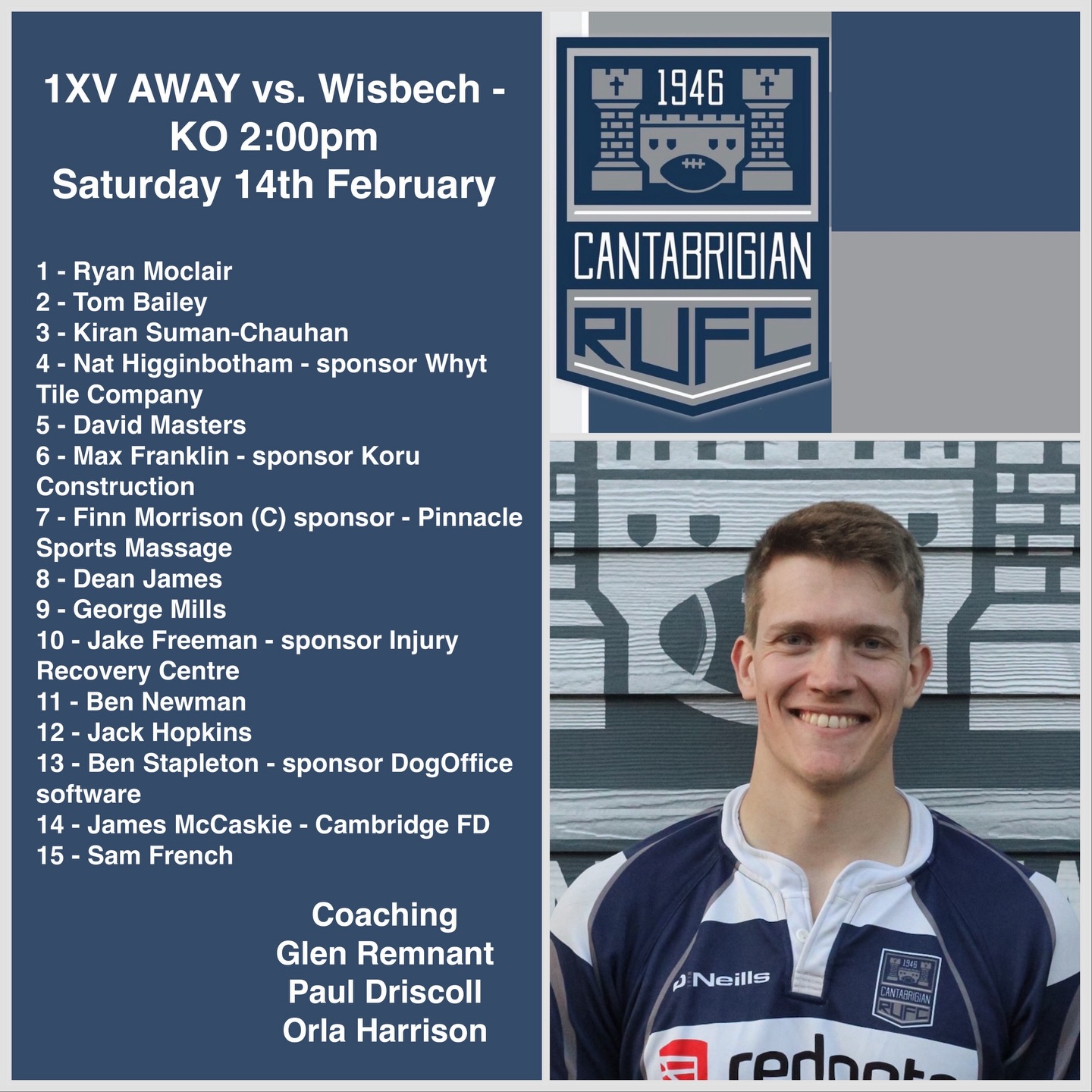 💥SQUAD ANNOUNCEMENT💥
Back to league action and we’re delighted to announce our 1XV squad who will be playing @officialwisbechrufc AWAY tomorrow! Kick off 2pm!
Good luck lads!
📸 @bwsportsphotography
#rugby #cantabs #cantabsrugby #socialrugbyincambridge #cambridge