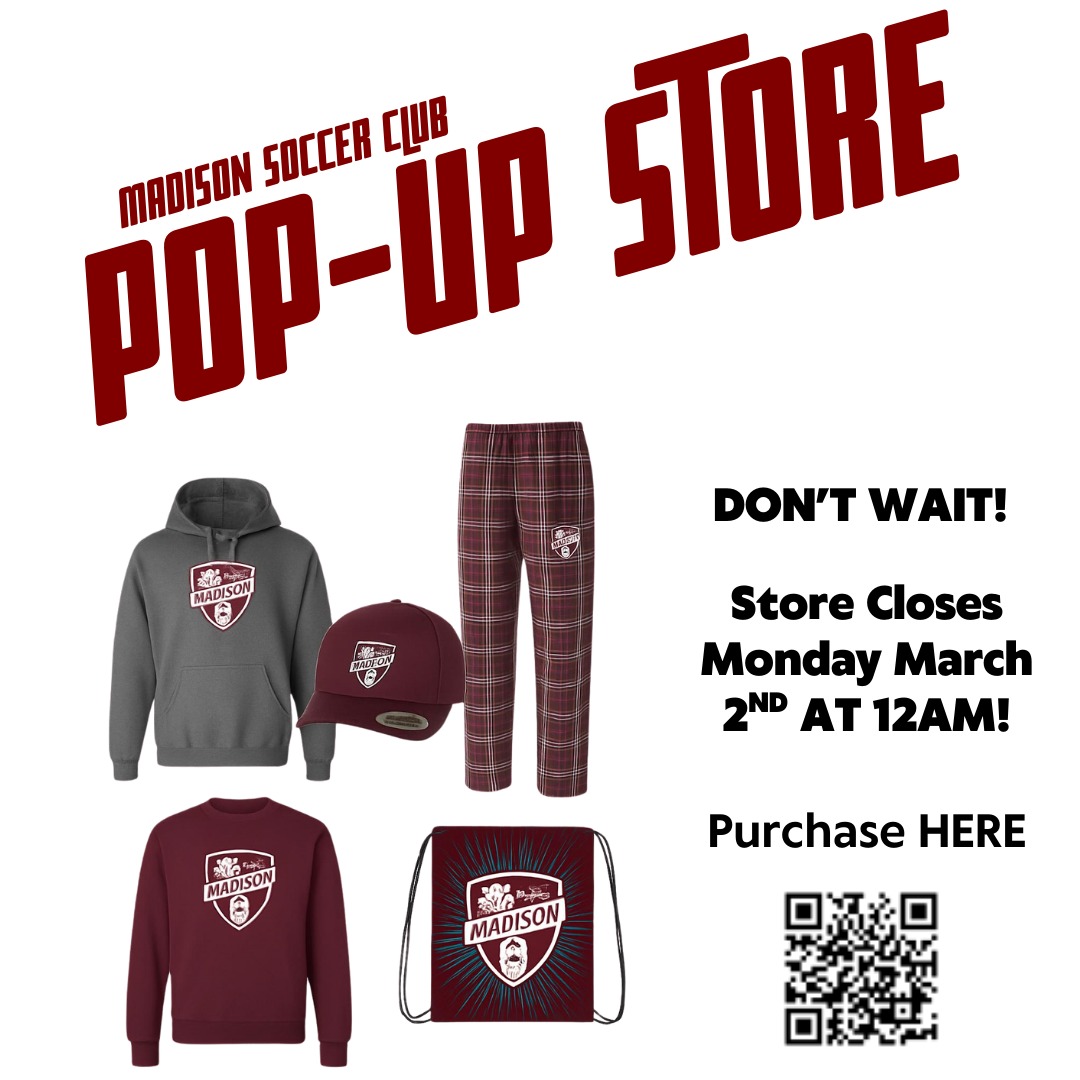 ⚽ MADISON SOCCER CLUB 2026 ⚽
Gear up and show your team pride!
You can now purchase your items online in 3 easy steps:
1️⃣Scan the QR code or visit: https://madisonsoccerclub2026.itemorder.com/
2️⃣Choose your items and add them to your cart
3️⃣Securely checkout with your credit card
📅Online Store Deadline: Monday March 2nd, 2026 (11:59pm EST)
Don't miss out--once the store closes, it's gone! #madisonsoccerclub