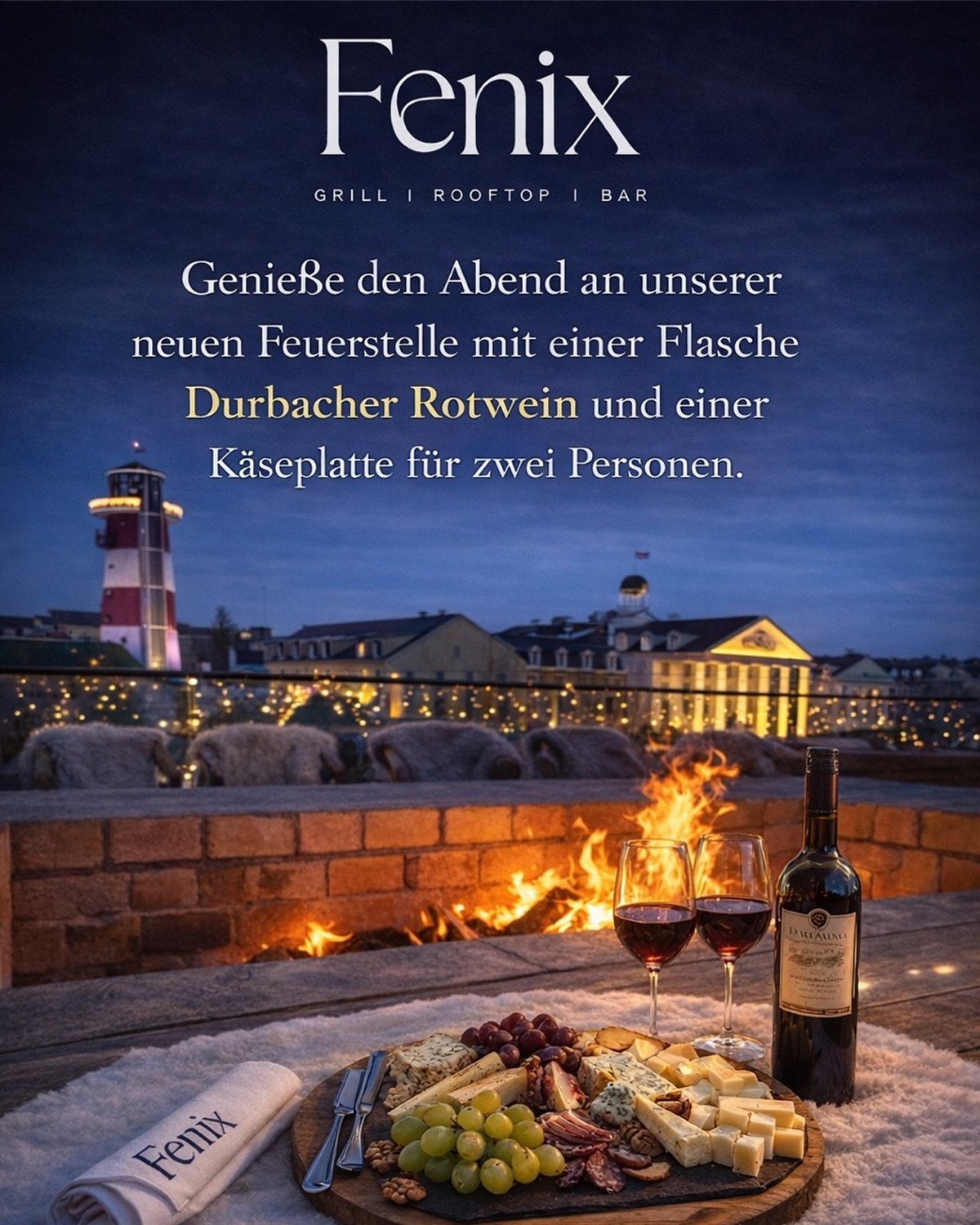 ✨ Genieße den Abend im Fenix ✨
Unsere neue Feuerstelle sorgt ab sofort für eine ganz besondere Atmosphäre auf unserer Rooftop-Terrasse.
Genießt entspannte Abende bei einem Glas Durbacher Rotwein, einer Käseplatte für zwei und einem einzigartigen Blick über Rust.
Ob Date Night, ein Abend mit Freunden oder einfach zum Abschalten – bei uns trifft gemütliche Stimmung auf leckeres Essen und gute Weine.
📍 Fenix Grill | Rooftop | Bar
Tullastraße 8, 77977 Rust
Nur wenige Minuten vom Europa-Park entfernt.
Wir freuen uns auf euch! 🔥🍷