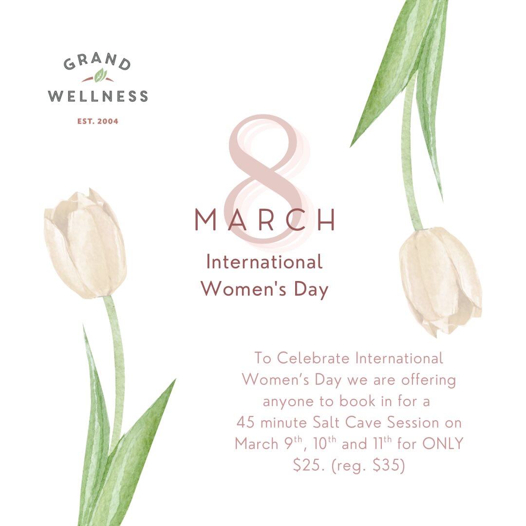 Come celebrate International Women’s day in our Salt Cave for this limited time offer!
Book in before it’s too late
#grandwellness #saltcave #saltcavetherapy #halotherapy #internationalwomensday
