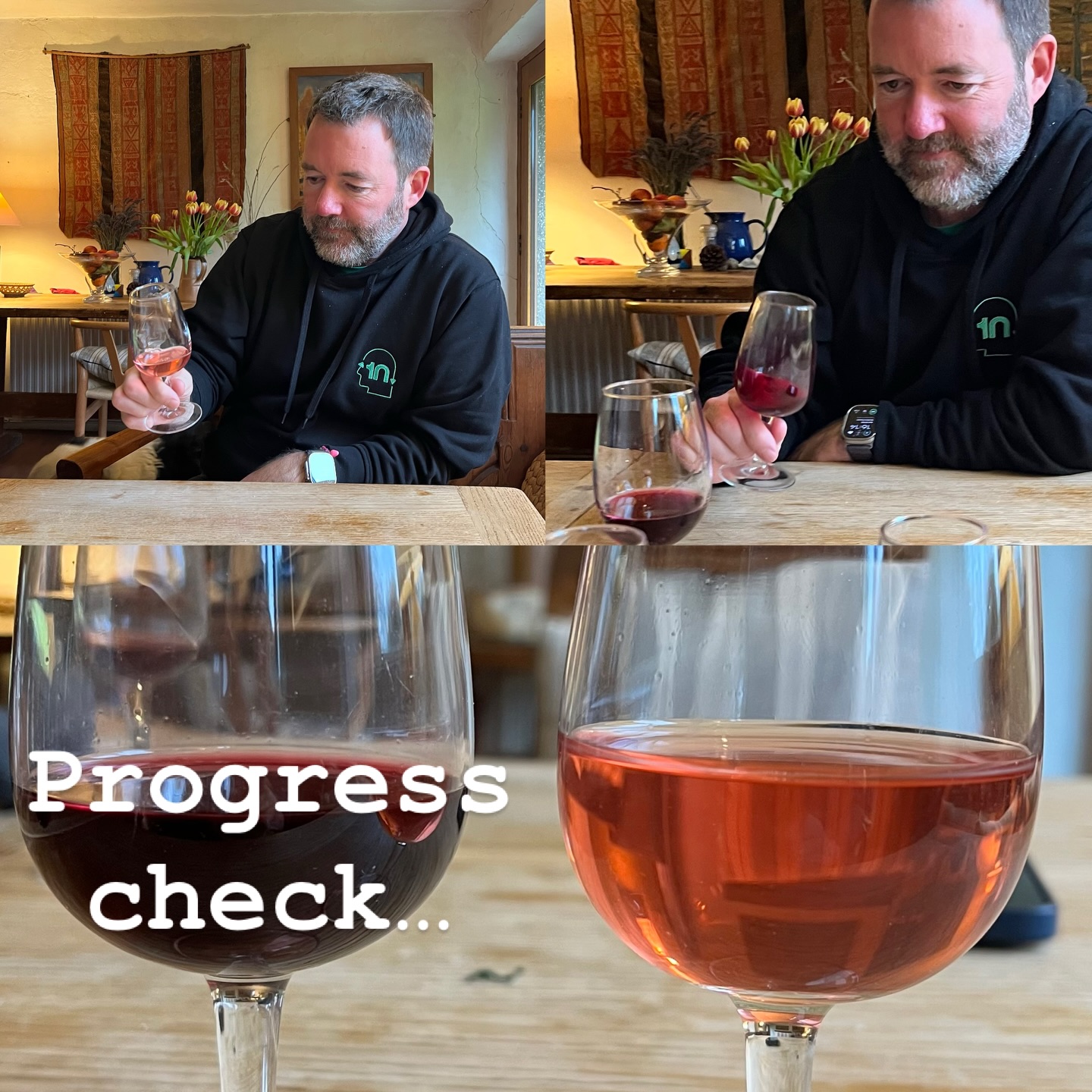 Ned arrived at the farmhouse armed with samples from the Oatley micro-winery this afternoon — what a treat. 🍷
Pinot Noir rosé, Pinot red, and a Cab Noir press fraction, all straight from tank.
Utterly moreish — even the Cab, which will bring a lovely tannic backbone and structure to the final blend. So chuffed with how they’re shaping up.